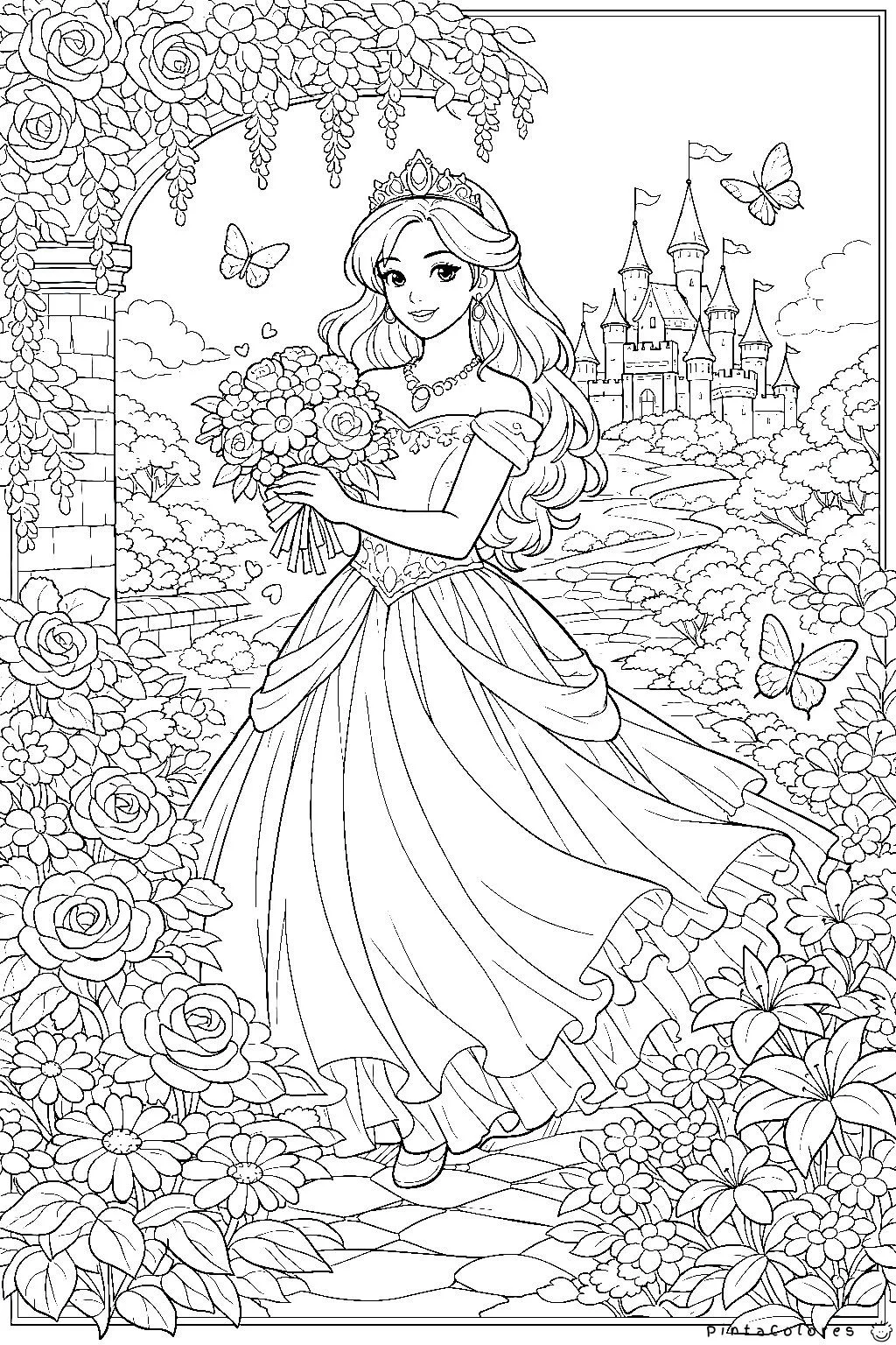 princesa rodeada de muchas flores dibujo para colorear