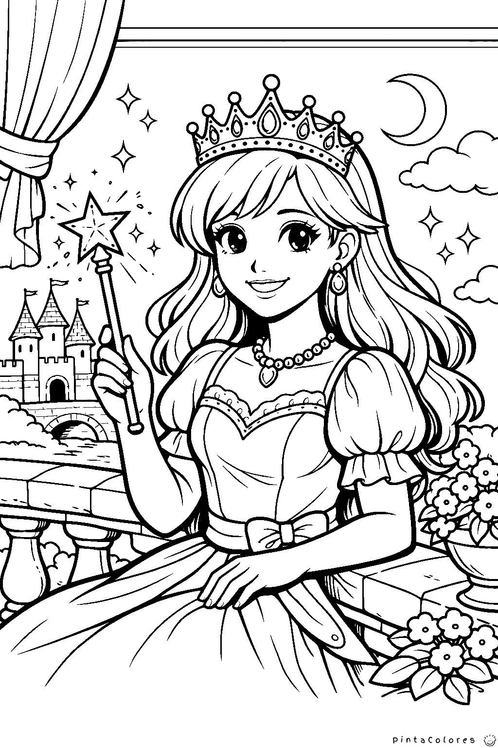 princesa sosteniendo varita mágica dibujo para colorear