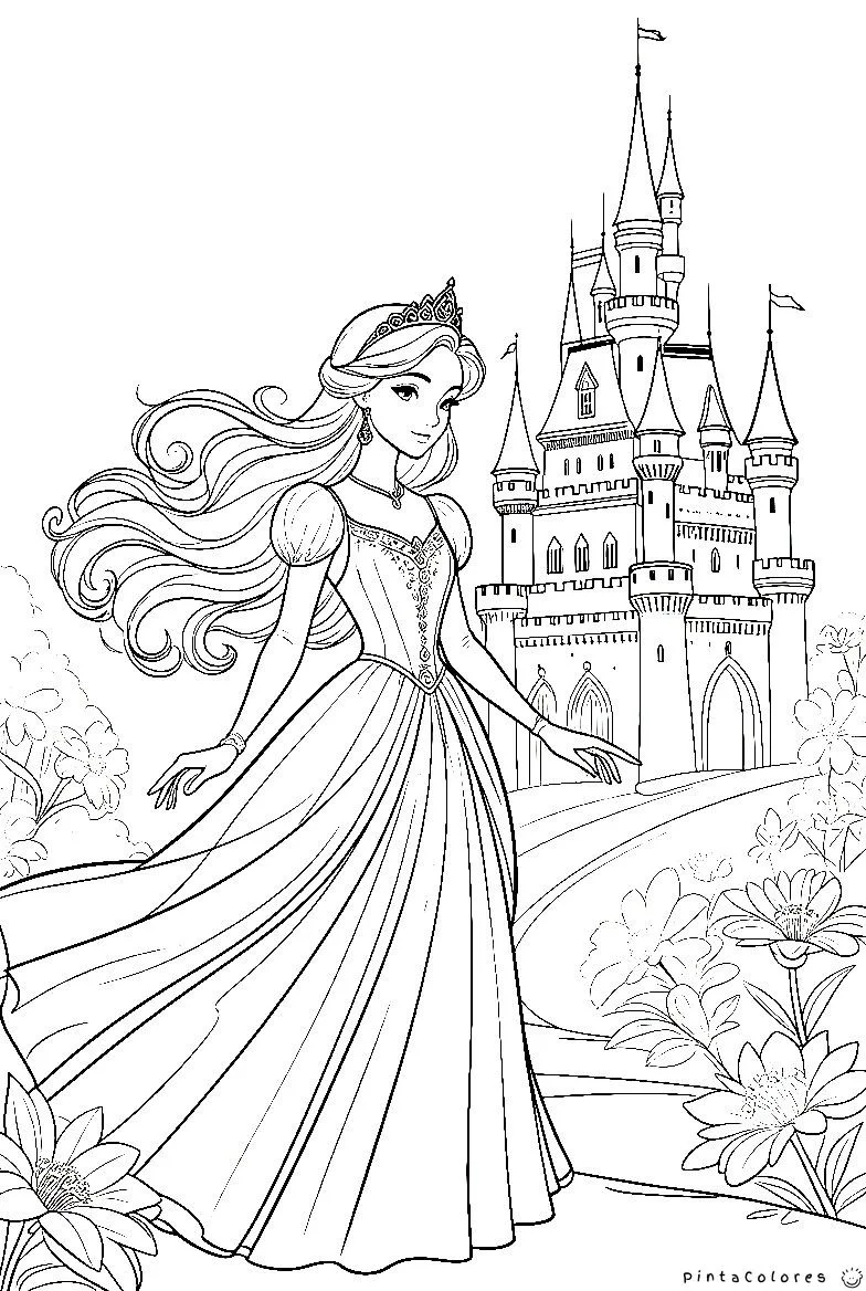 princesa con flores y castillo elegante de fondo dibujo para colorear
