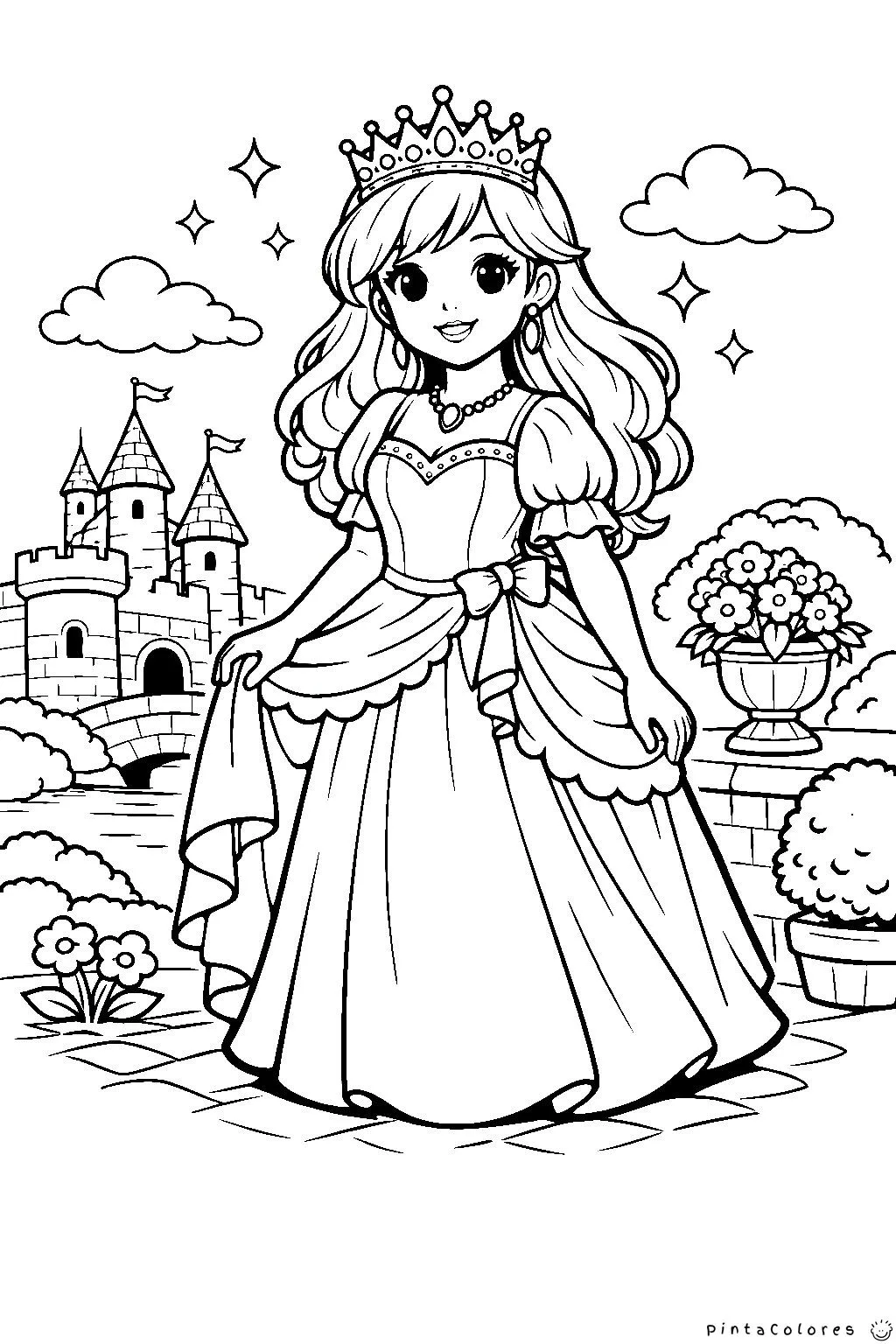 princesa de pie elegante con vestido dibujo para colorear