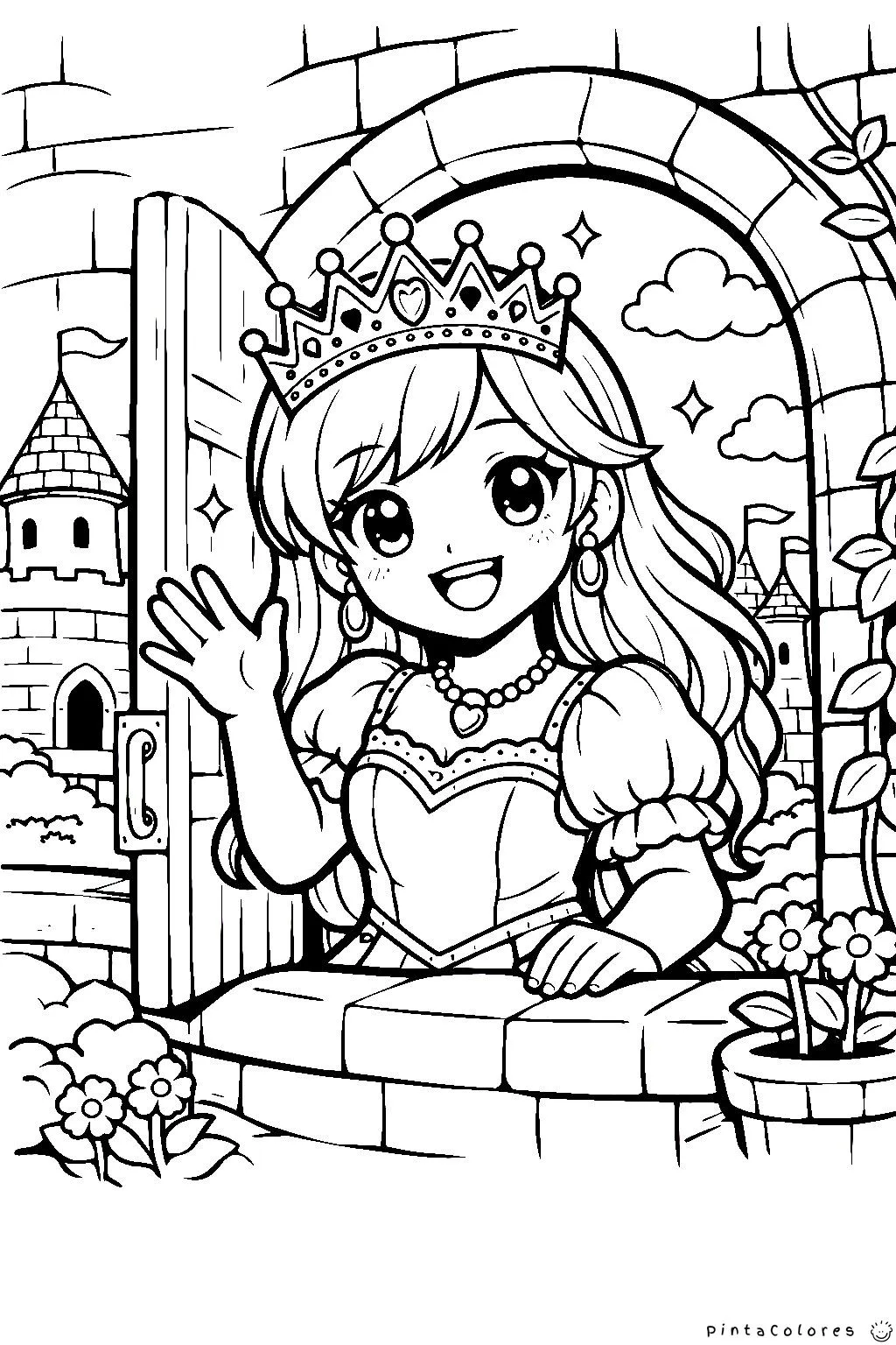 princesa saludando desde una ventana del castillo dibujo para colorear