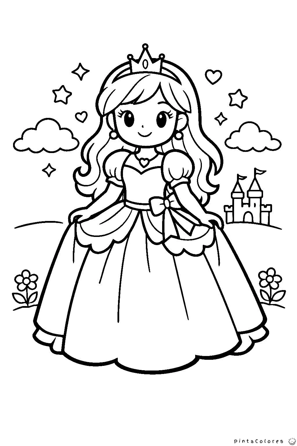 princesa con vestido largo elegante dibujo para colorear