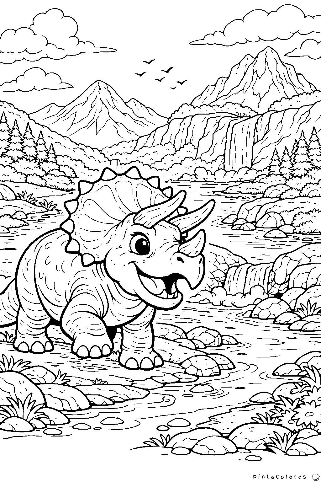 triceratops en valle con río y montañas dibujo para colorear