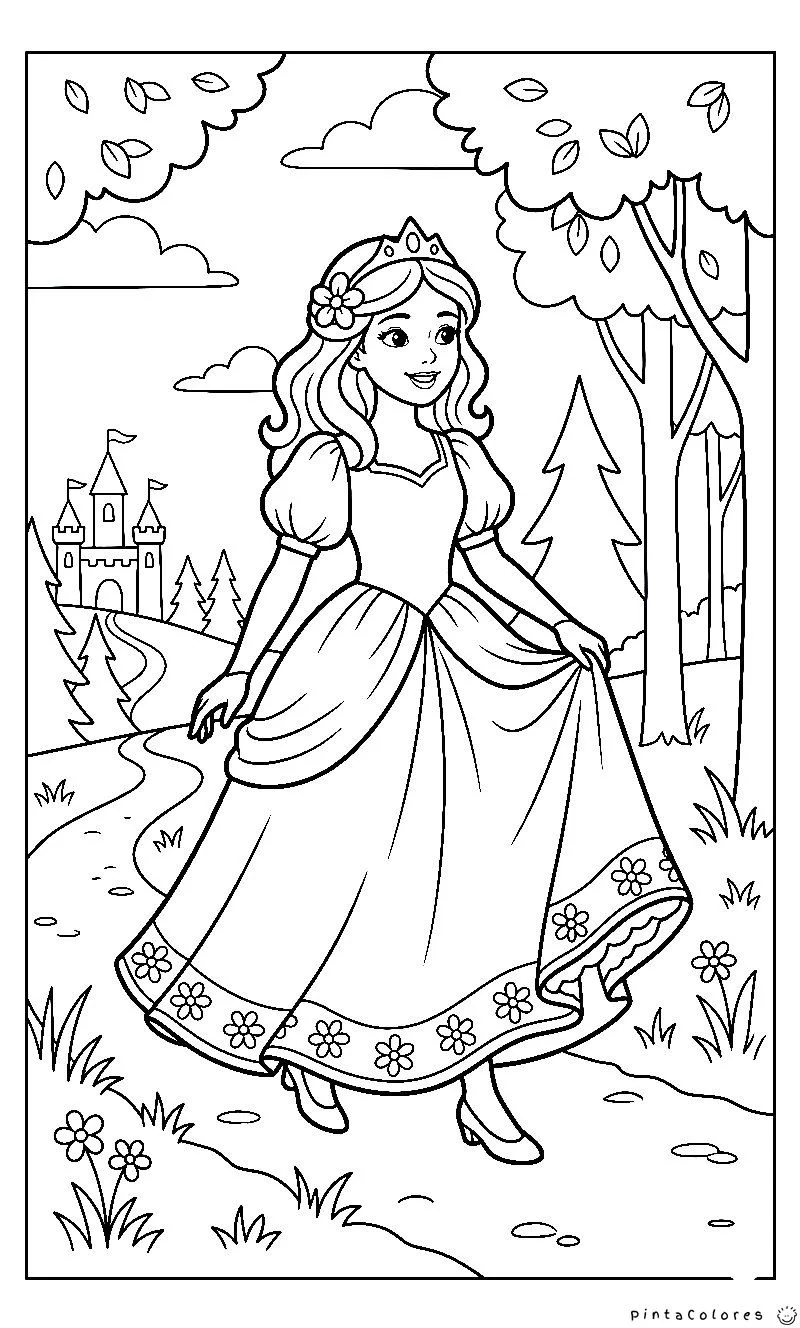 princesa caminando en un bosque dibujo para colorear