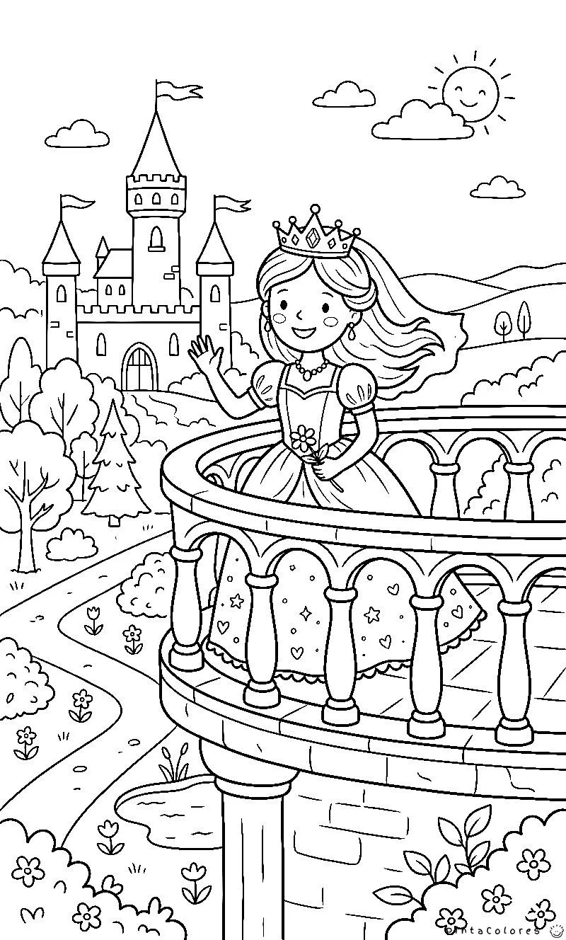 princesa en balcón de castillo dibujo para colorear