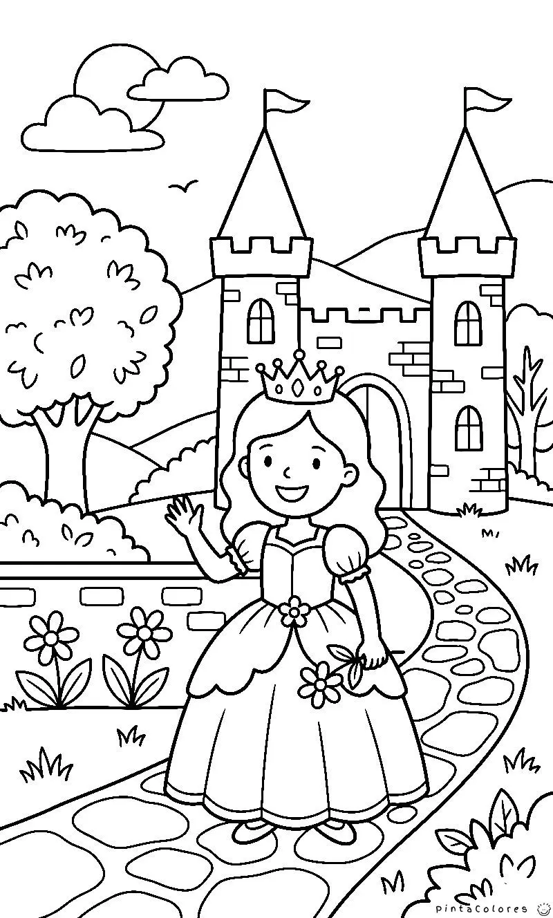 princesa en castillo con torres dibujo para colorear
