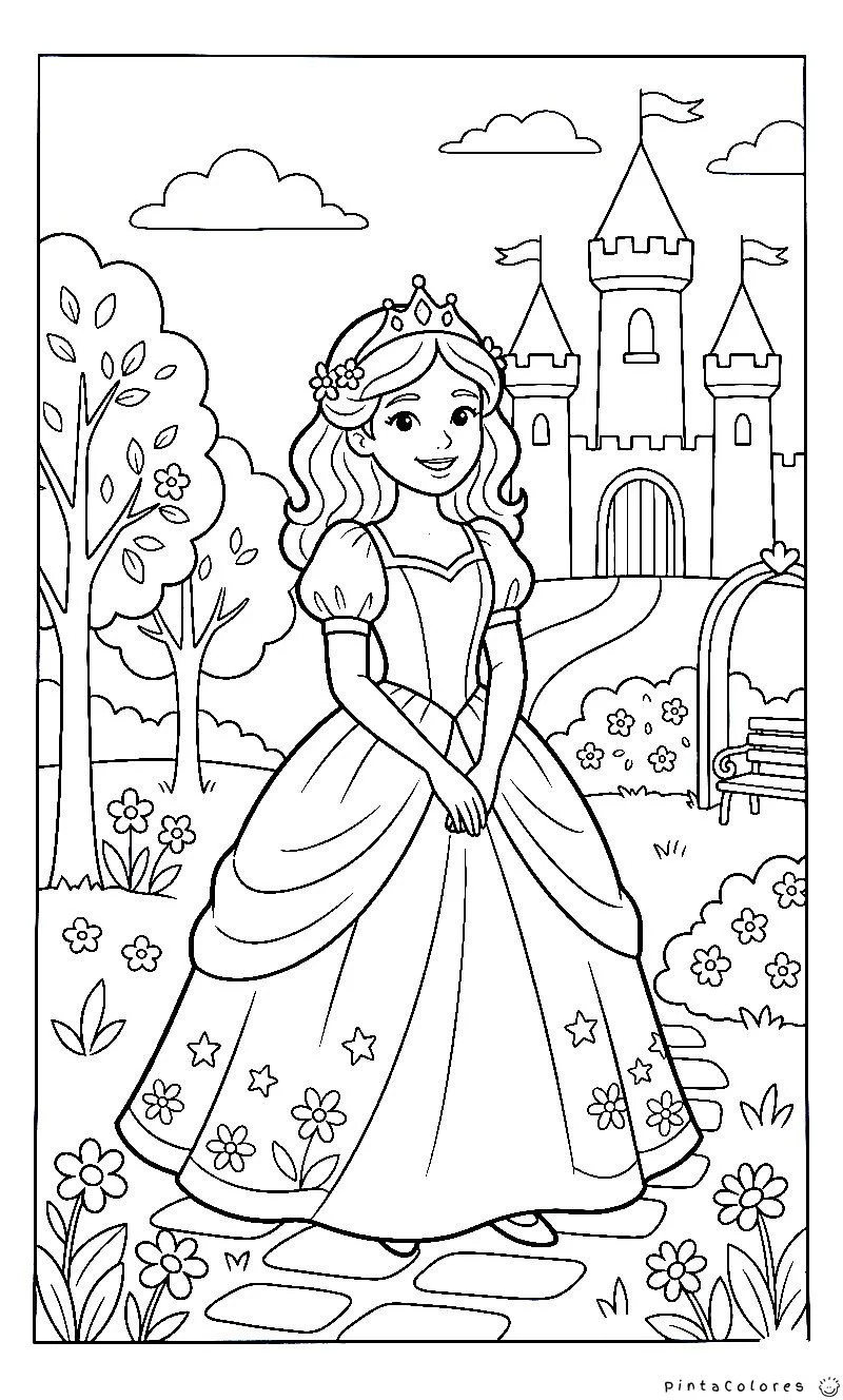princesa en jardín del castillo dibujo para colorear
