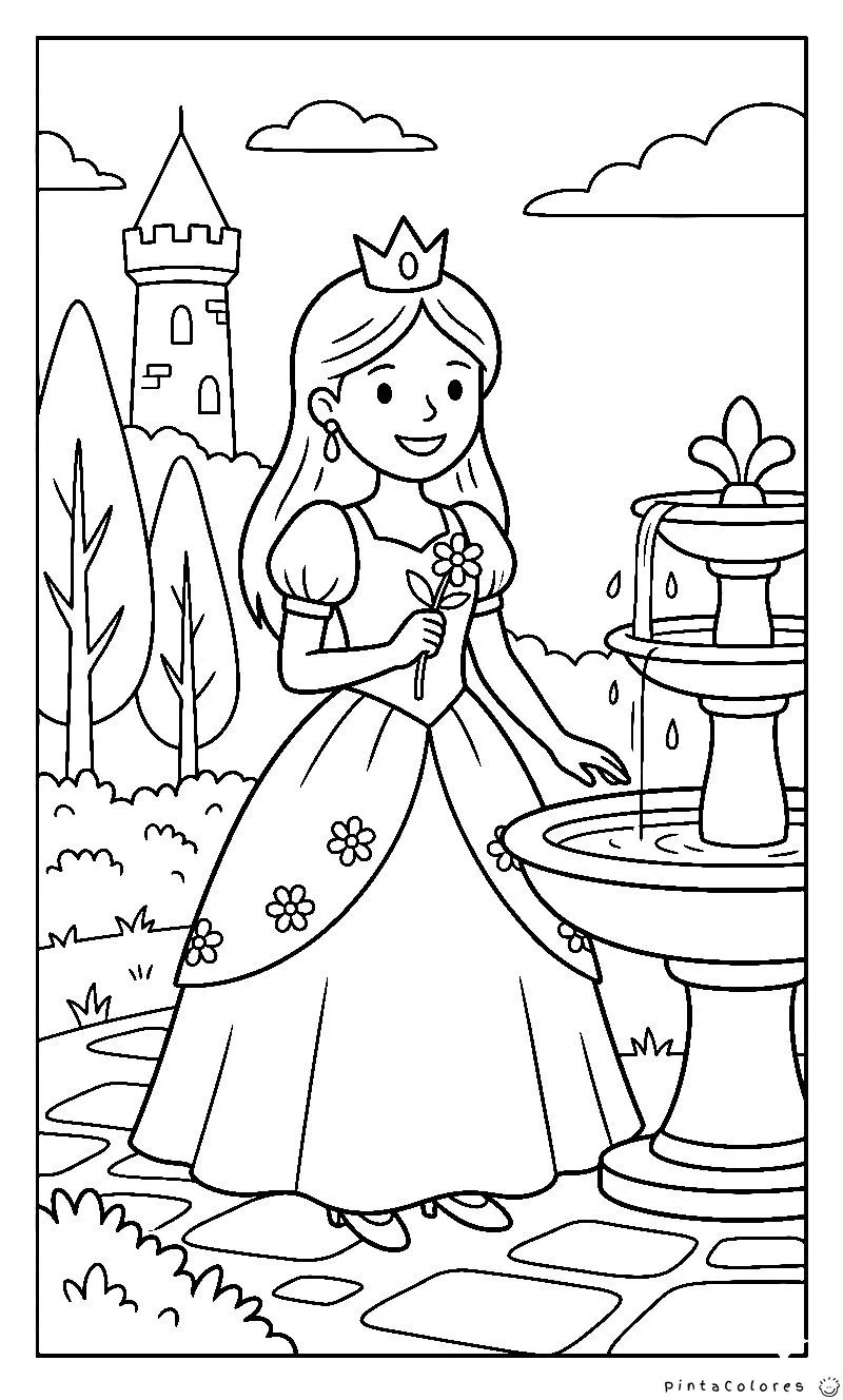 princesa junto a una fuente dibujo para colorear