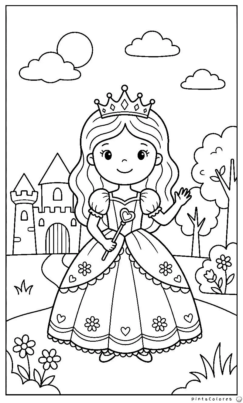Dibujo de línea negra de una princesa sencilla con corona y vestido básico, sin detalles complejos, ideal para niños de preescolar.