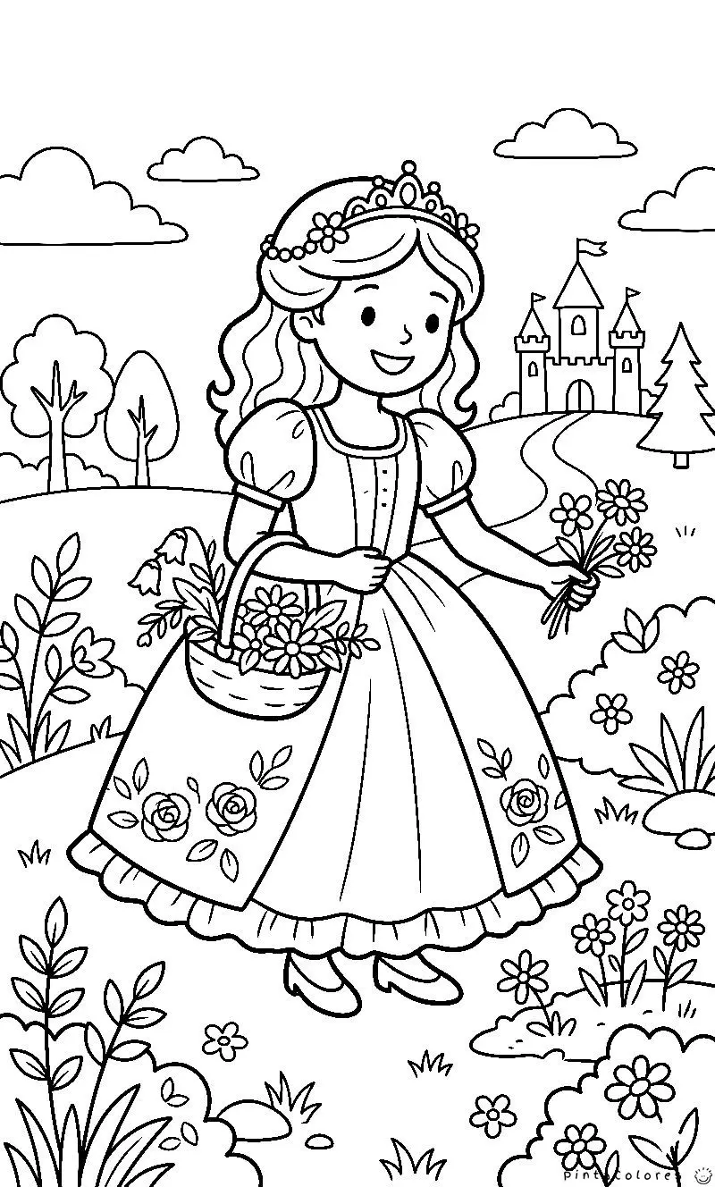 Ilustración de una princesa sosteniendo un ramo de flores en un campo floral, estilo de línea clara para colorear.