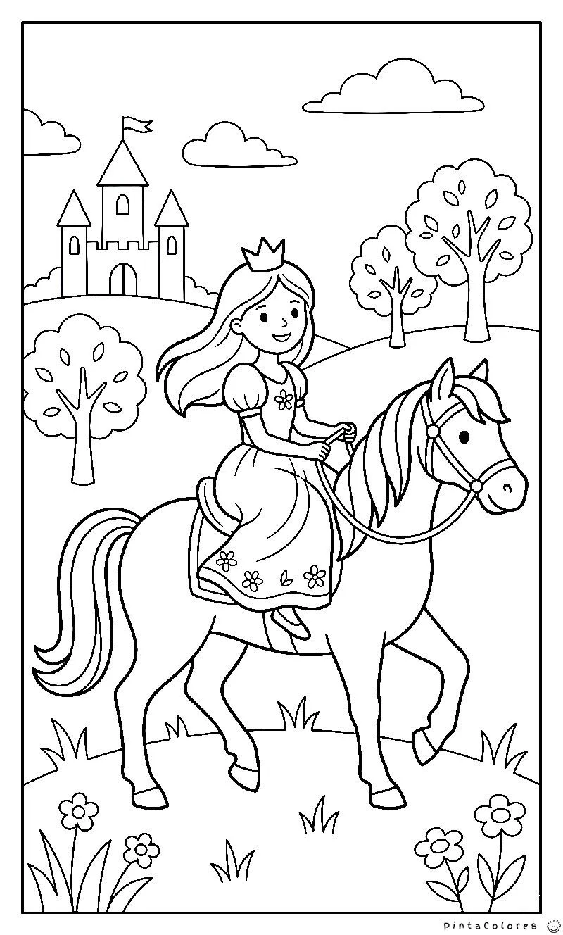 Contorno de una princesa montada sobre un caballo elegante, dibujo lineal de aventura y animales para niños.