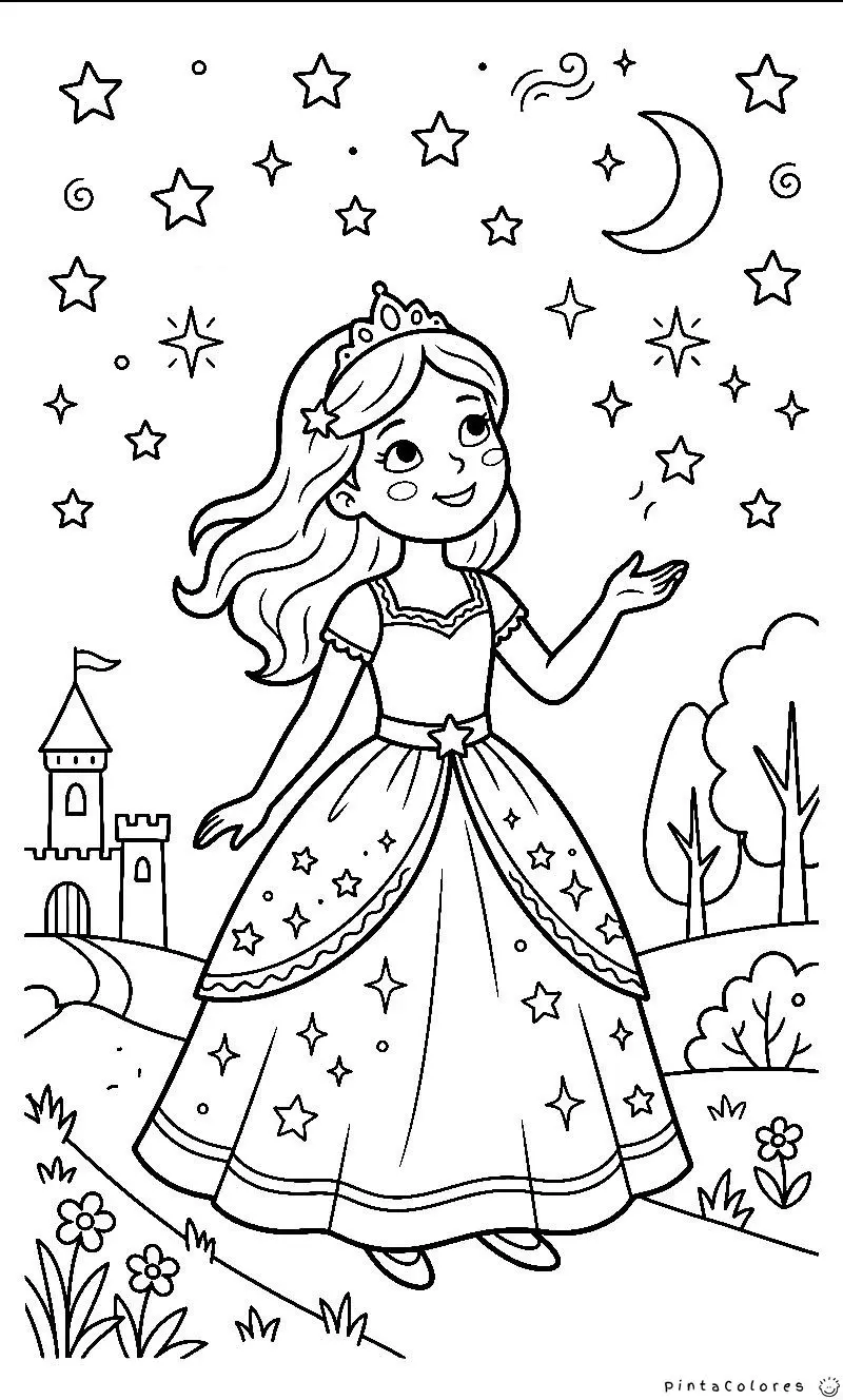 Dibujo lineal de una princesa observando el cielo nocturno con estrellas y una luna creciente, fondo blanco para pintar.