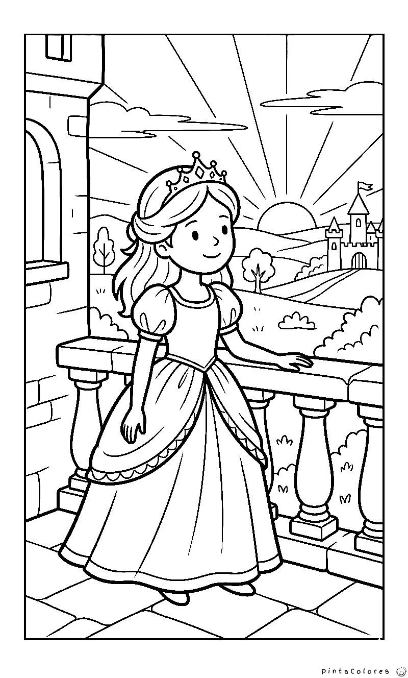 Dibujo de una princesa observando el atardecer con el sol bajando en el horizonte y cielo despejado para colorear.
