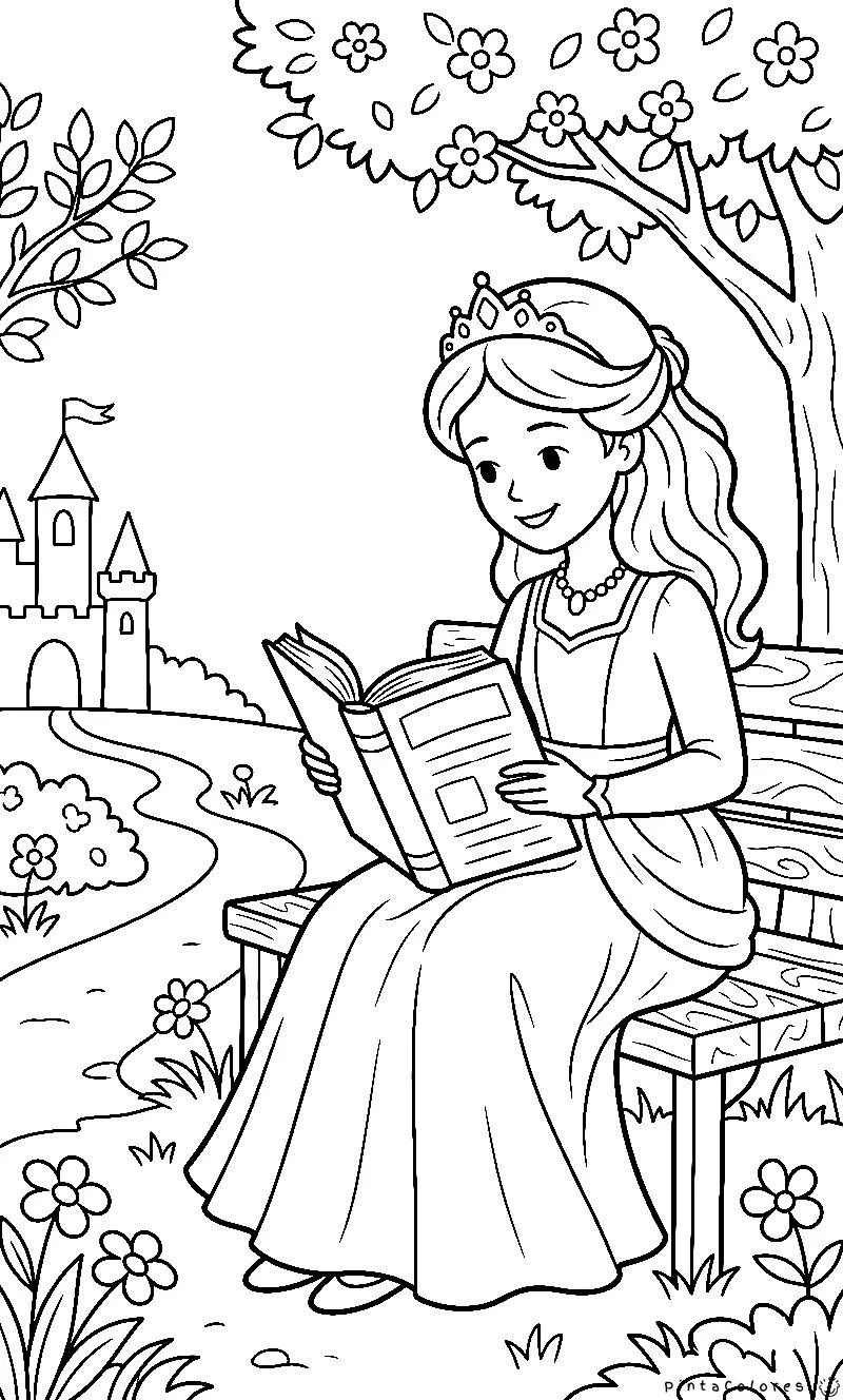 Princesa sentada leyendo un libro abierto, ilustración simple en blanco y negro para pintar.