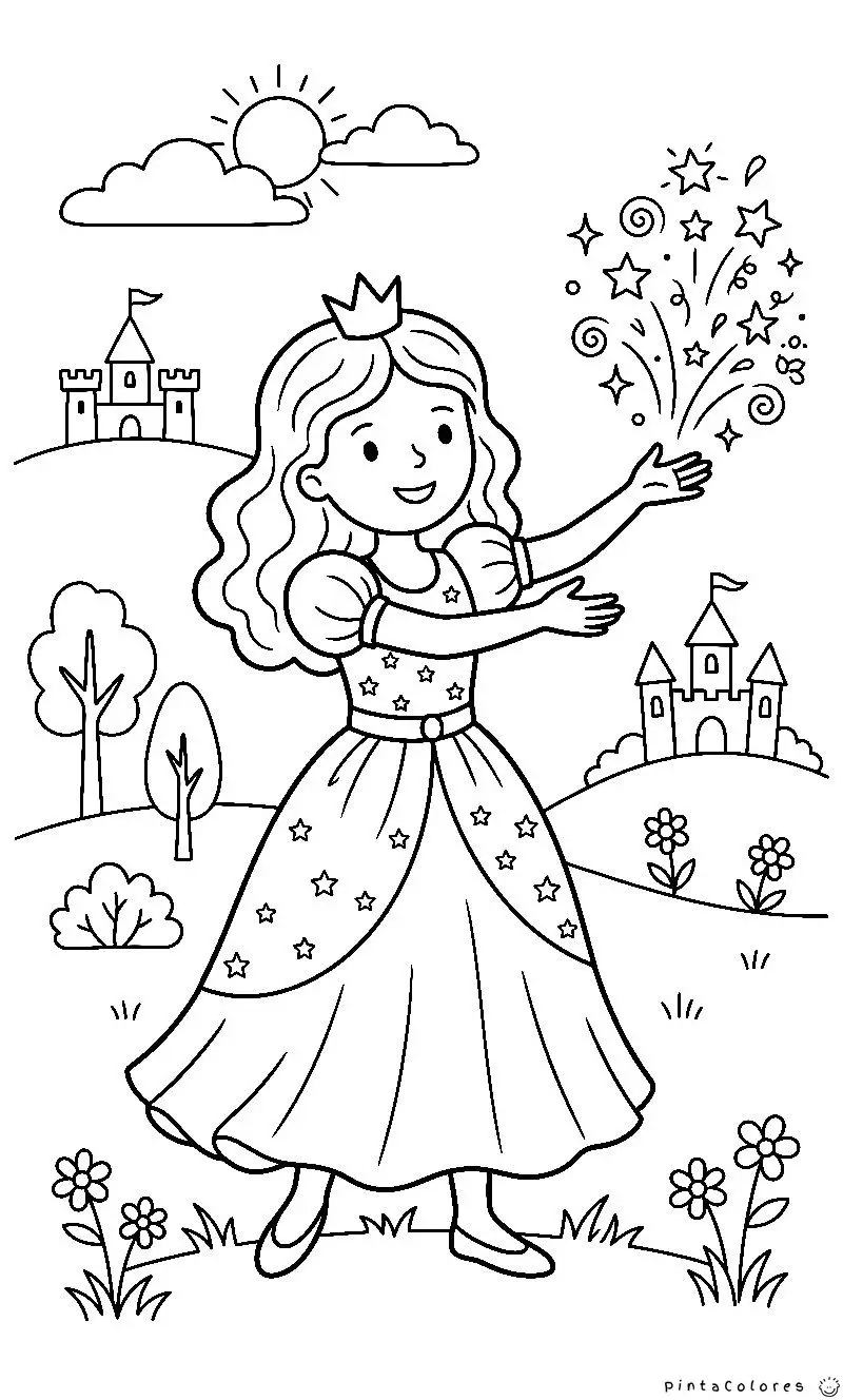 Princesa con varita mágica lanzando destellos y chispas en un dibujo lineal para colorear.