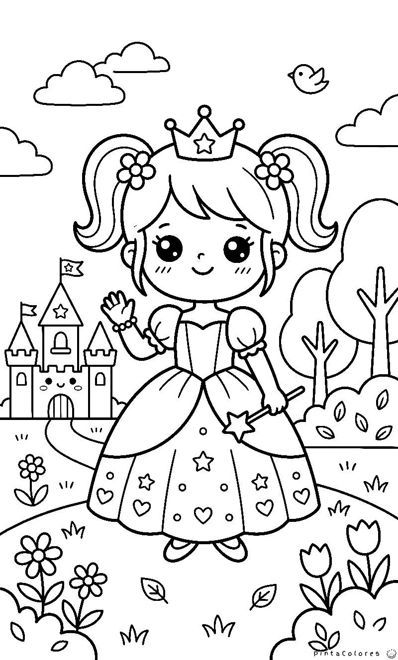 Princesa estilo kawaii con ojos grandes y expresión dulce, dibujo simple para niños.