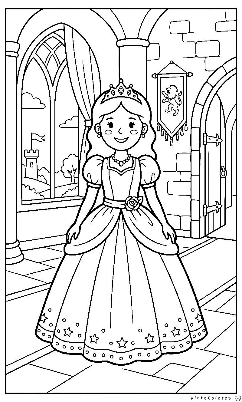 Ilustración de una princesa dentro de un salón del castillo con columnas y decoración elegante para colorear.