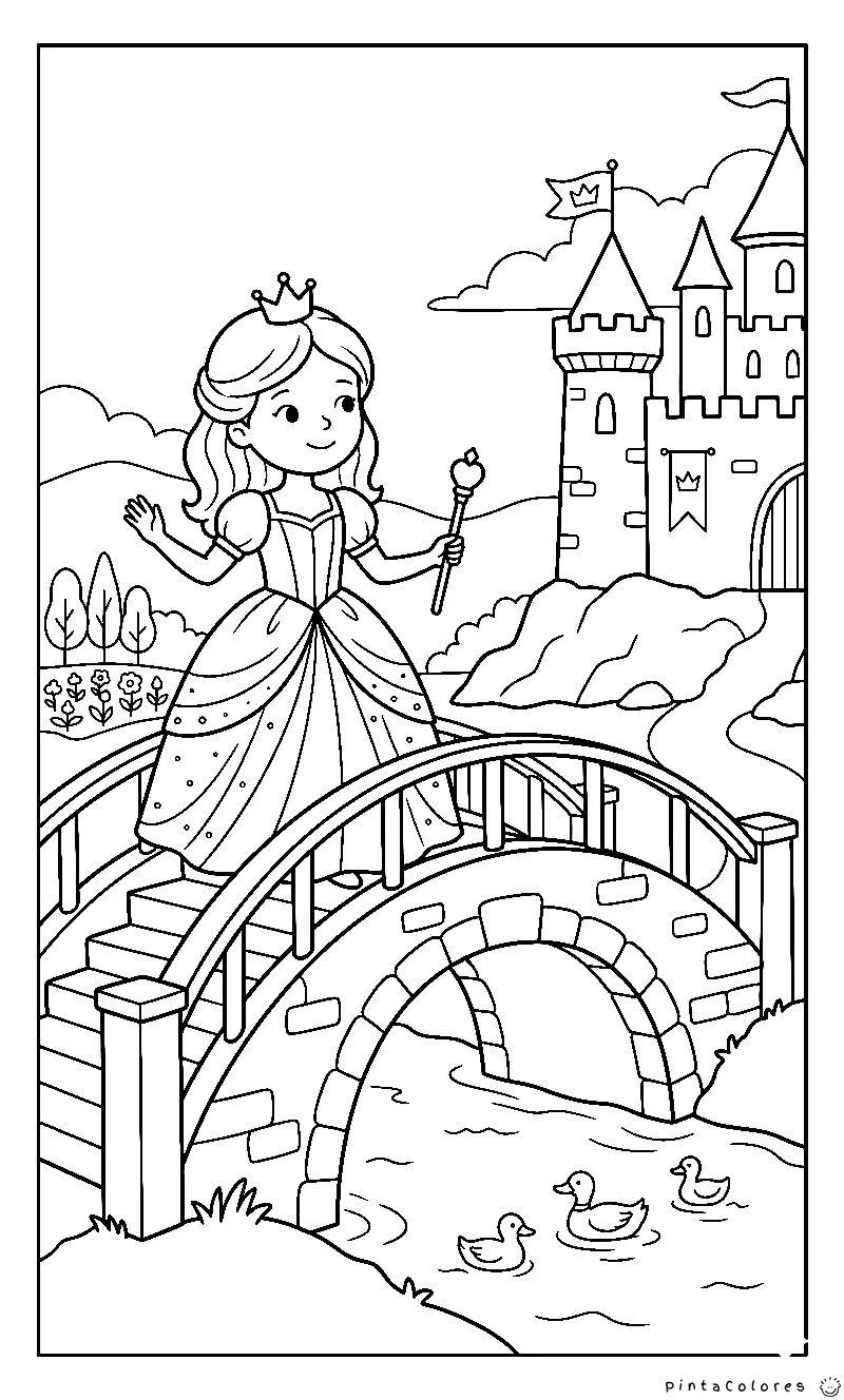 Princesa parada sobre un puente de castillo con vista al exterior, dibujo lineal para pintar.