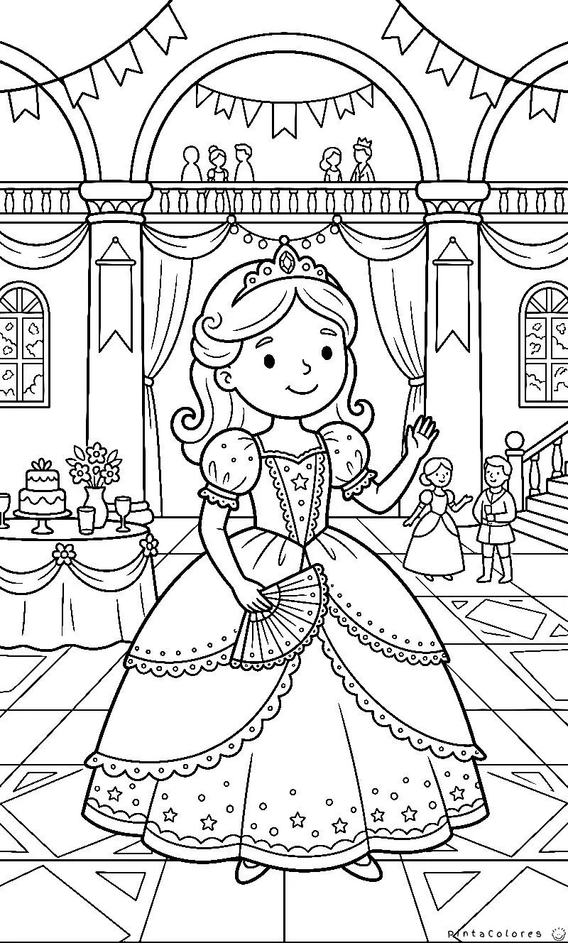 Princesa en una fiesta dentro del castillo con ambiente festivo, dibujo para colorear.