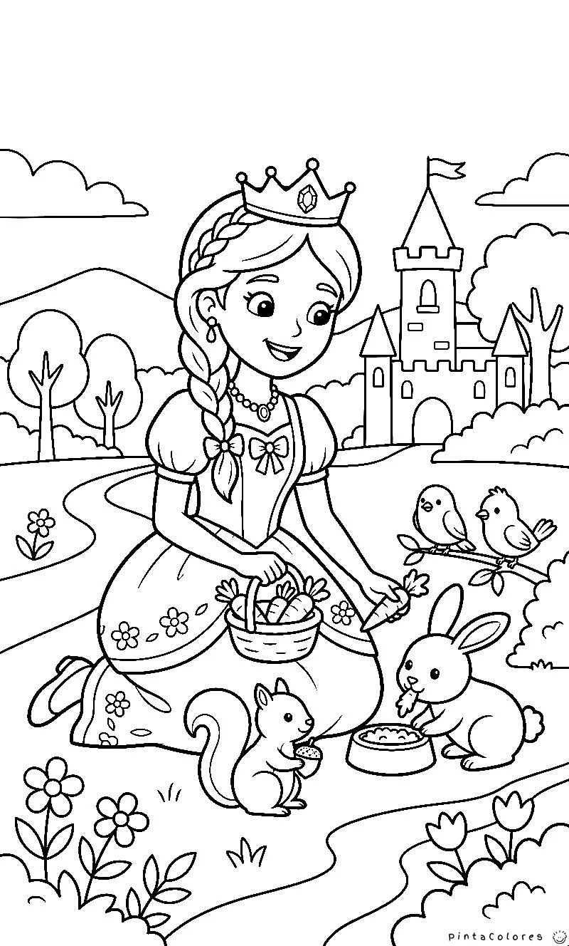 Princesa rodeada de pequeños animales como conejos o pájaros, dibujo para colorear.