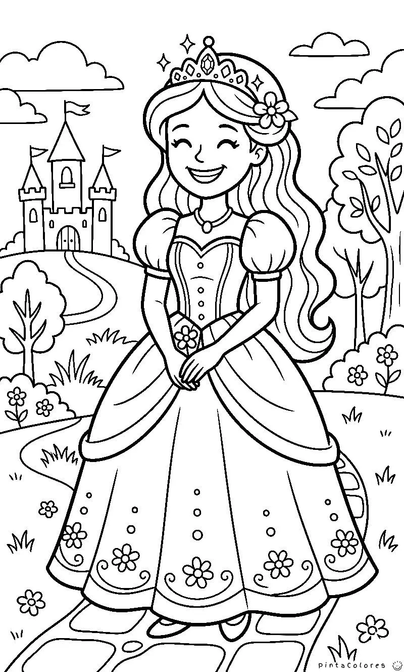 Dibujo de una princesa con una gran sonrisa y expresión alegre, ilustración en blanco y negro lista para colorear.