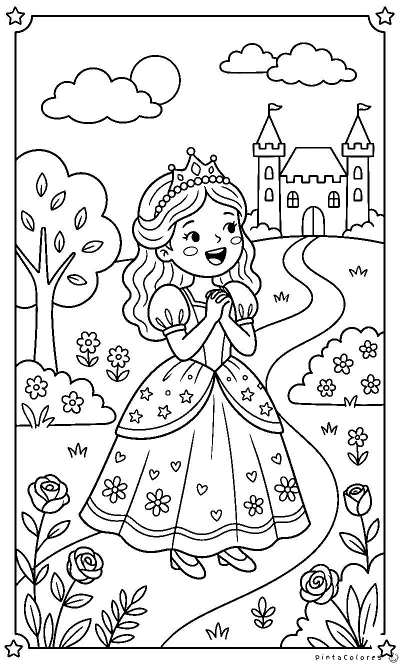 Princesa cantando rodeada de notas musicales flotando, dibujo lineal infantil para colorear.