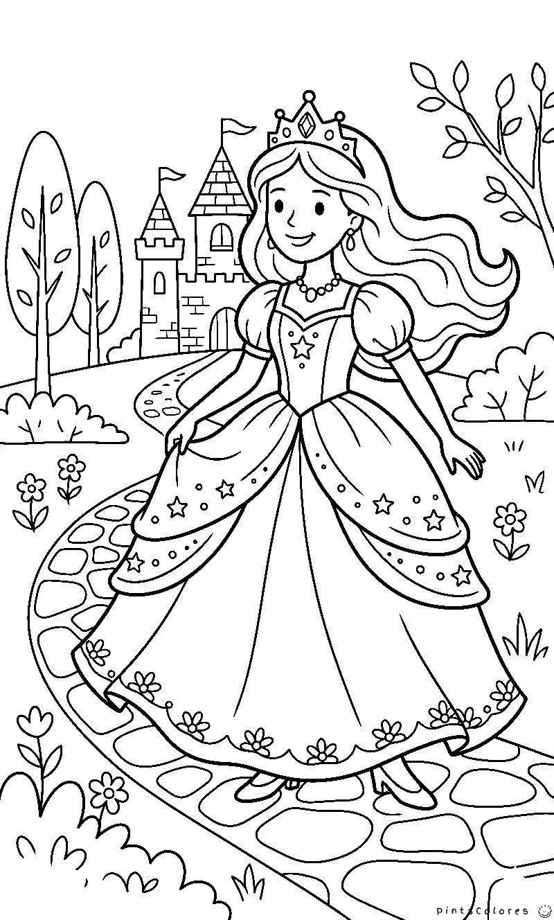 Princesa caminando con un vestido largo y elegante, dibujo en blanco y negro para colorear.