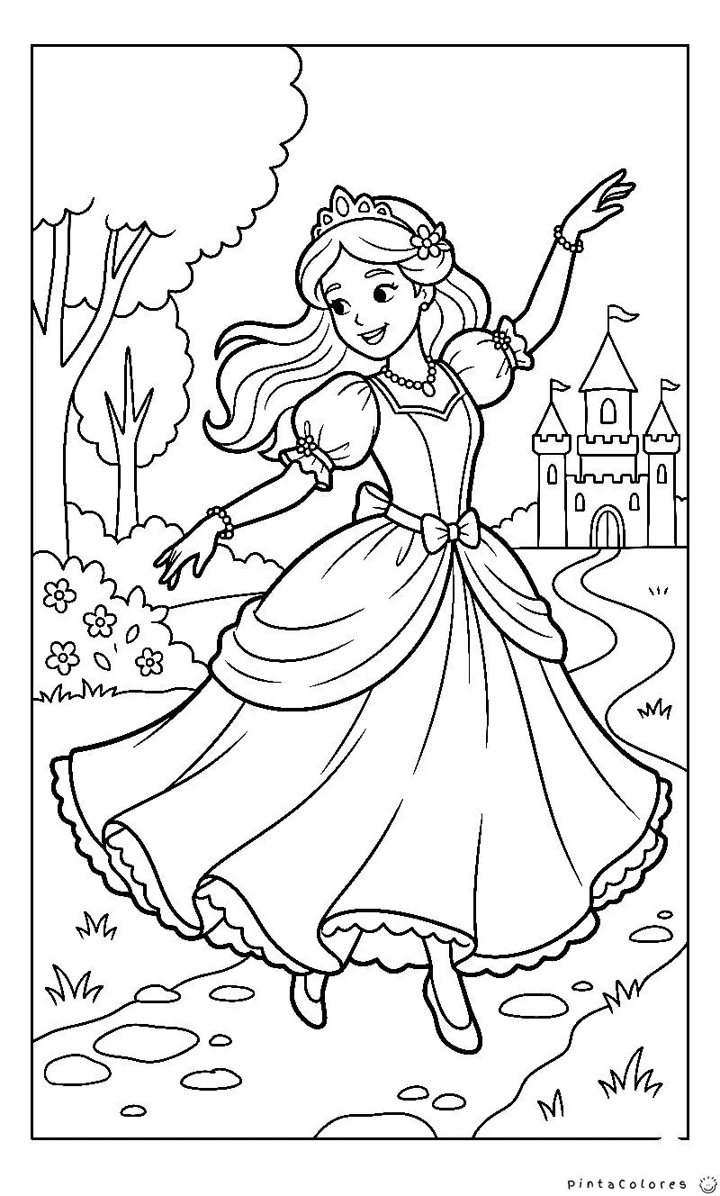 Princesa bailando con su vestido en movimiento, ilustración lineal para colorear.