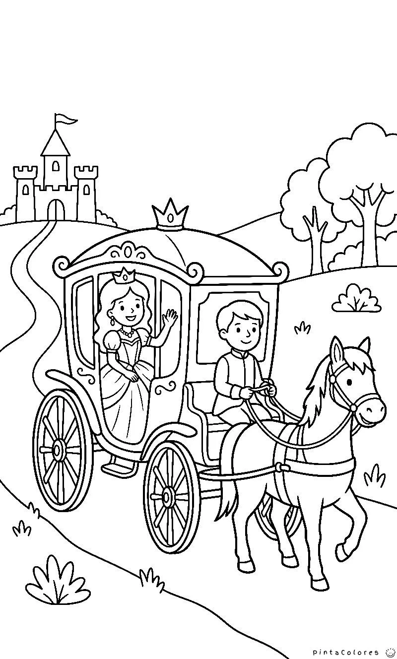 Princesa viajando en un carruaje clásico tirado por caballos, ilustración infantil en blanco y negro para colorear.