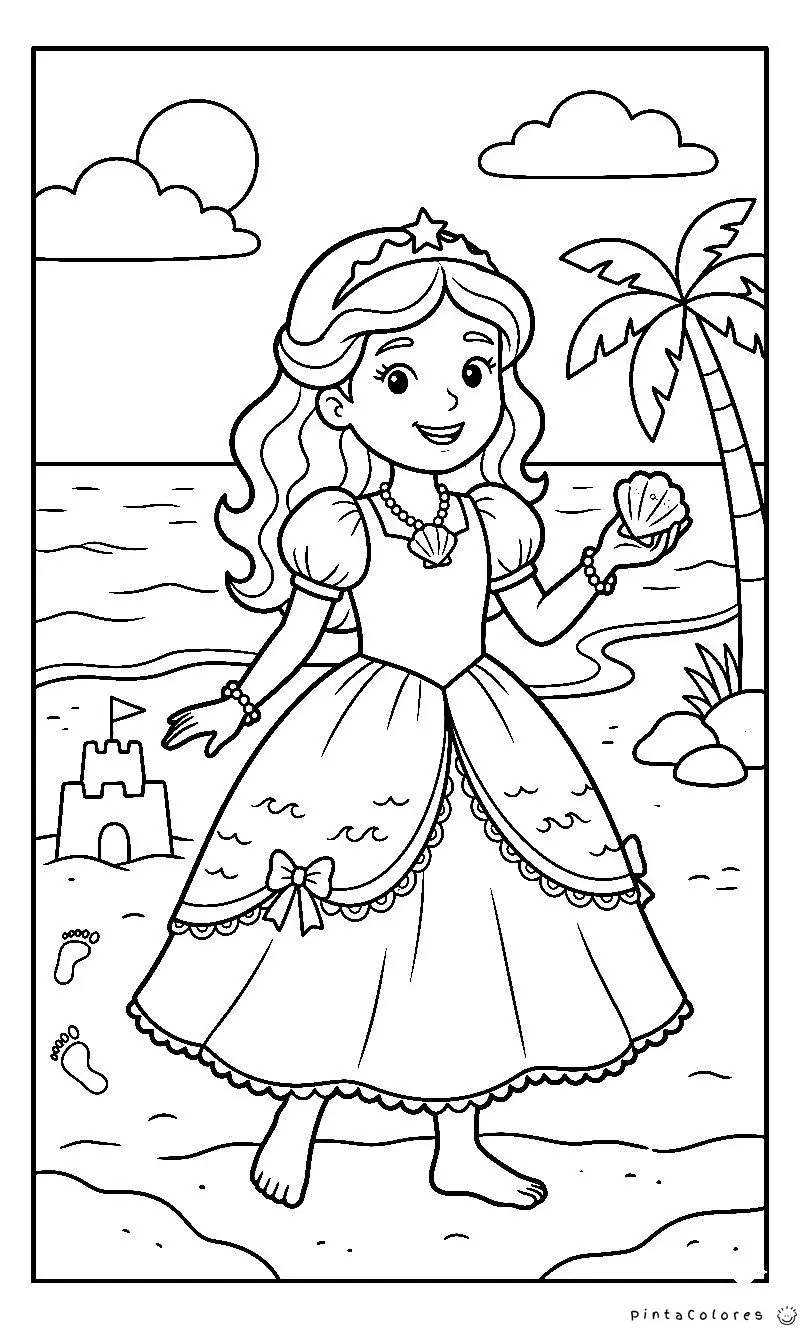 Princesa en la playa con arena y mar de fondo, dibujo lineal para colorear.