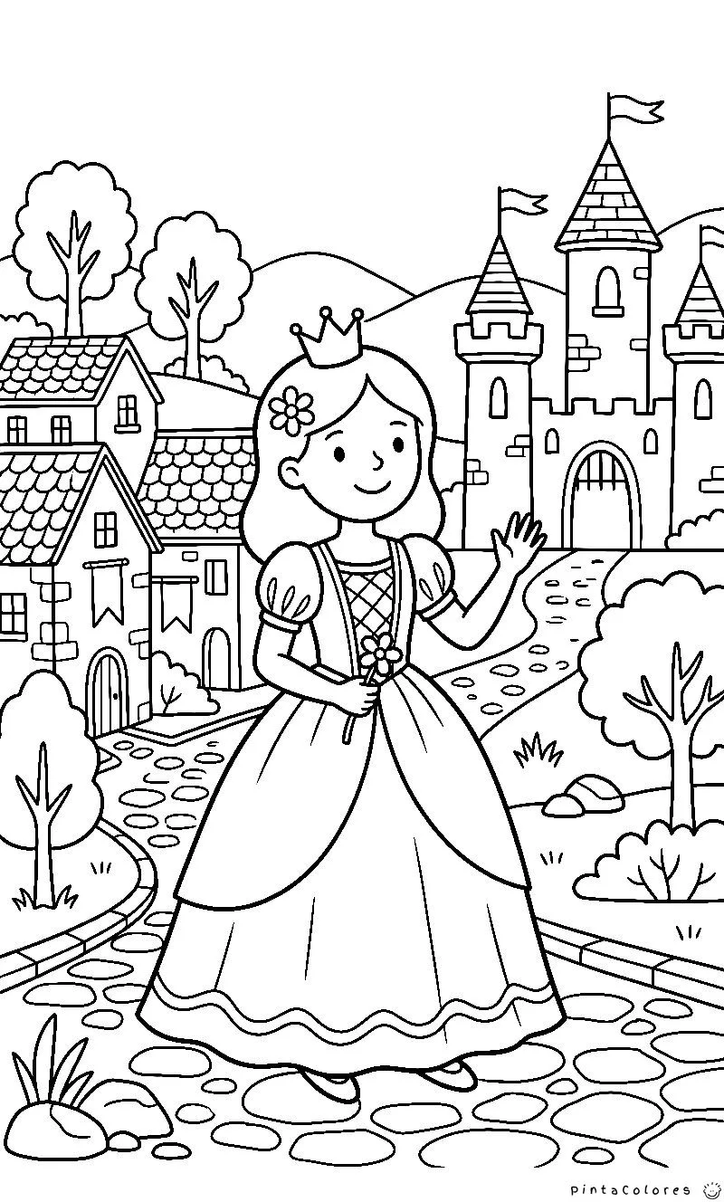 Princesa en una ciudad medieval con edificios antiguos, ilustración para colorear.