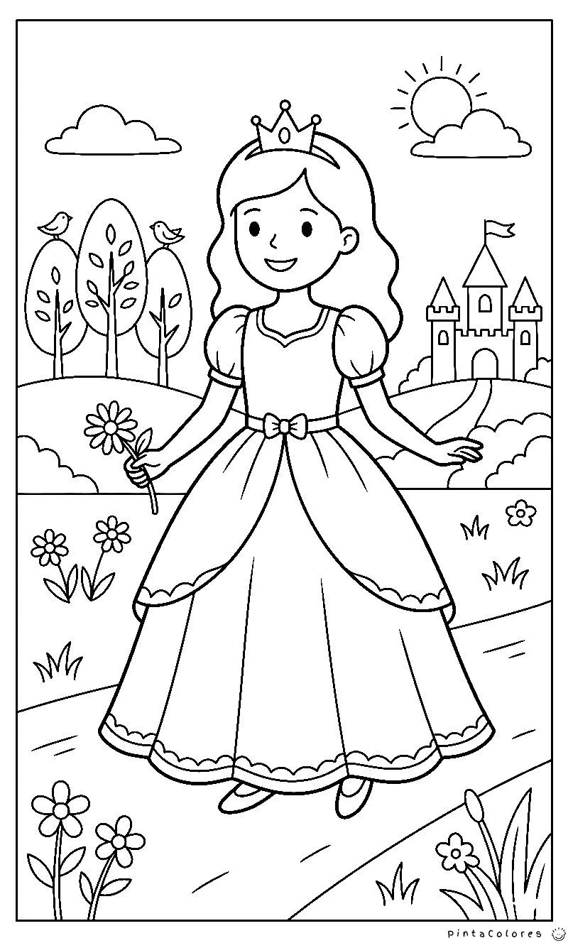 Princesa con vestido simple y pocos detalles, ilustración infantil para colorear.