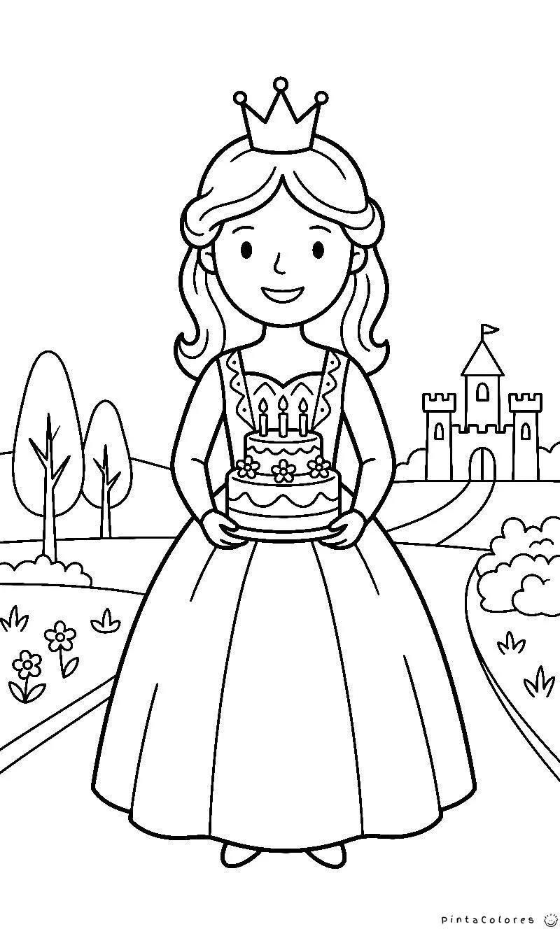 Princesa sosteniendo un pastel decorado, ilustración en blanco y negro para colorear.