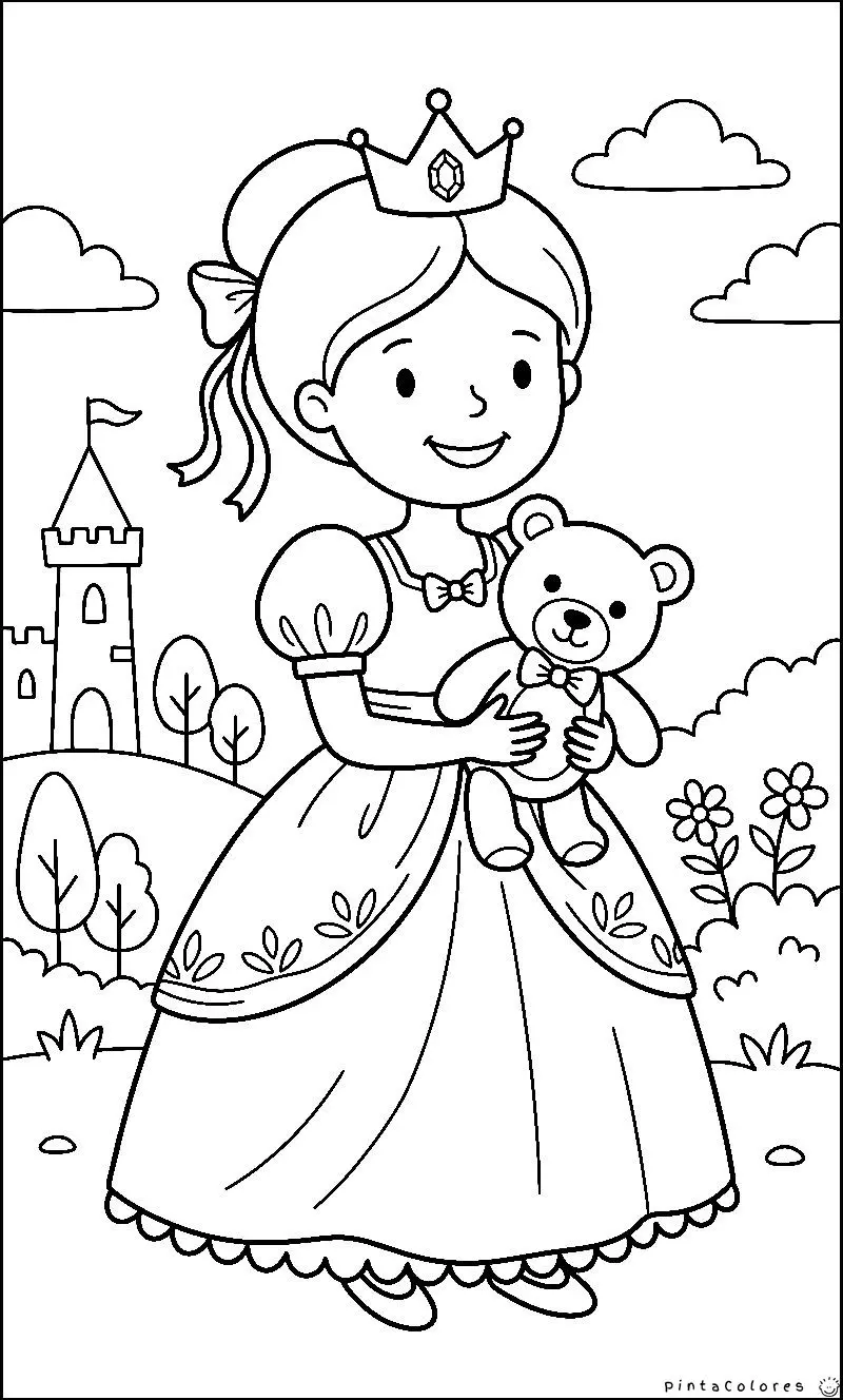 Princesa abrazando un osito de peluche, ilustración simple para colorear.
