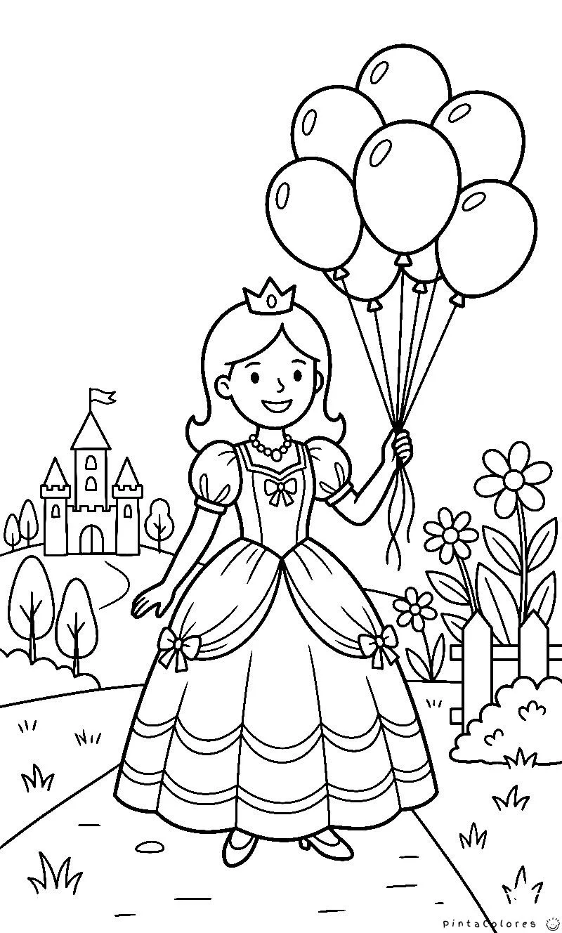 Princesa sosteniendo varios globos flotando a su alrededor, ilustración infantil en blanco y negro para colorear.