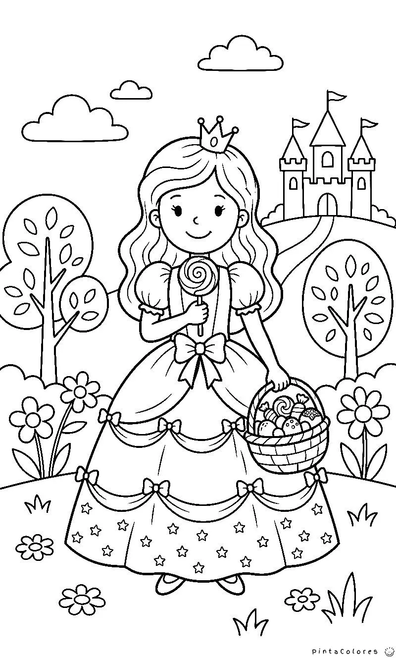 Princesa rodeada de dulces, caramelos y golosinas, ilustración en blanco y negro para colorear.