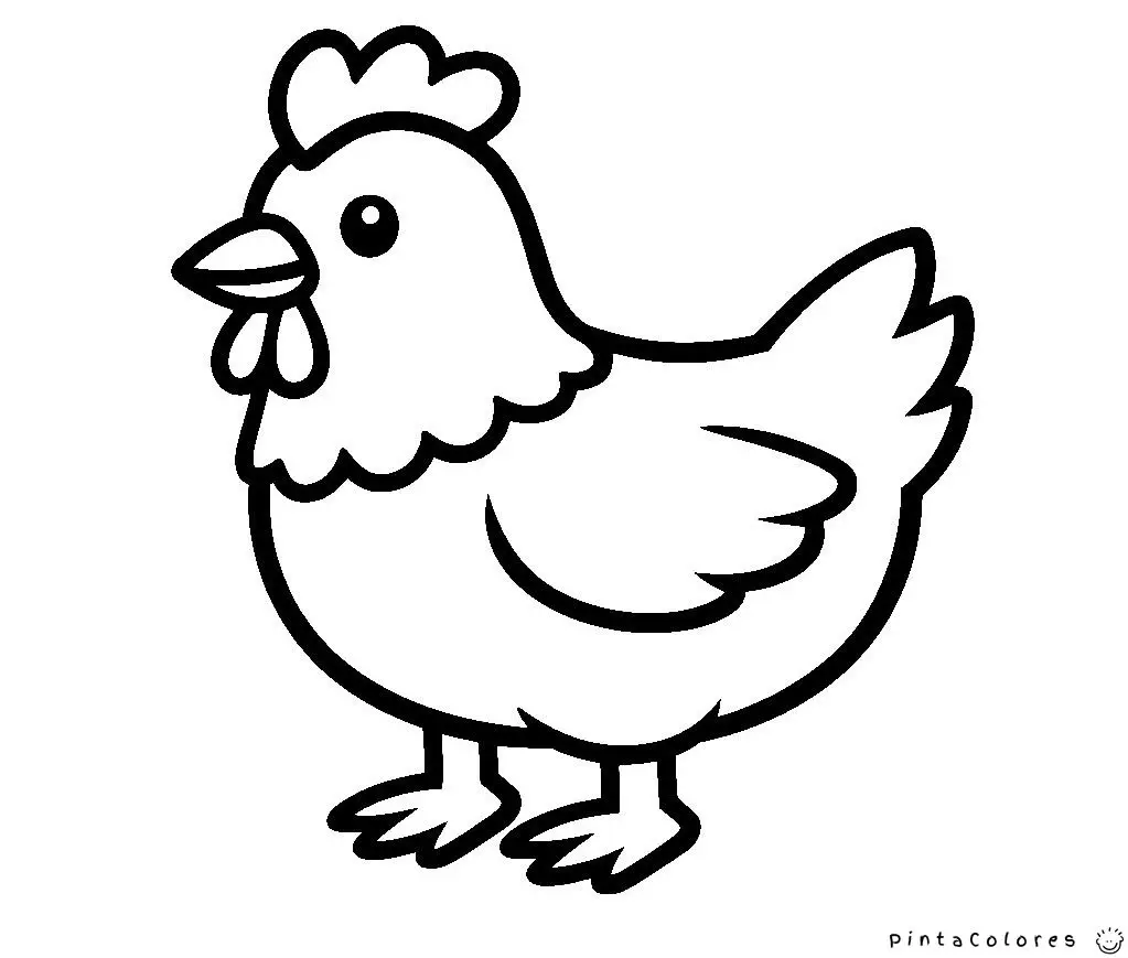 Ilustración simple de una gallina con líneas claras y diseño sencillo para colorear.