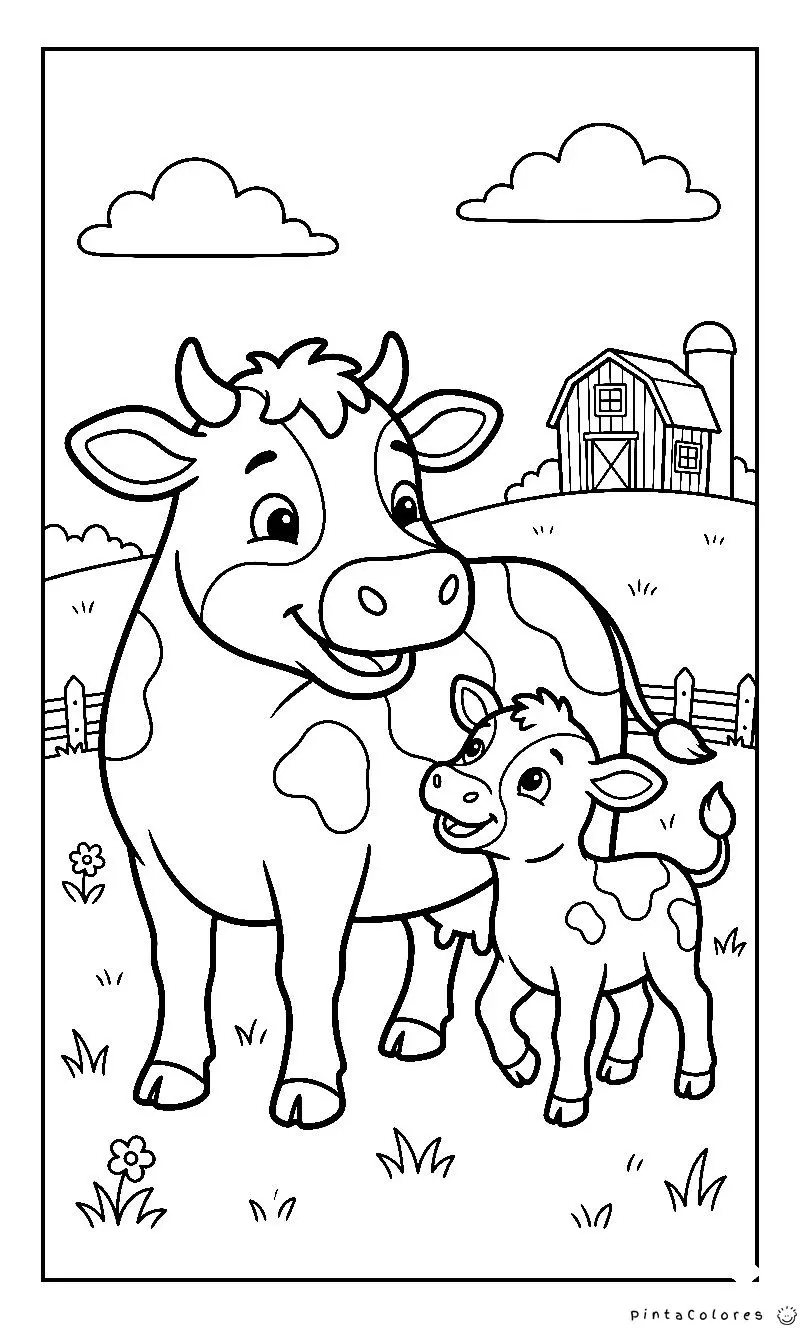 Ilustración de una vaca junto a su cría en un entorno de granja para colorear.