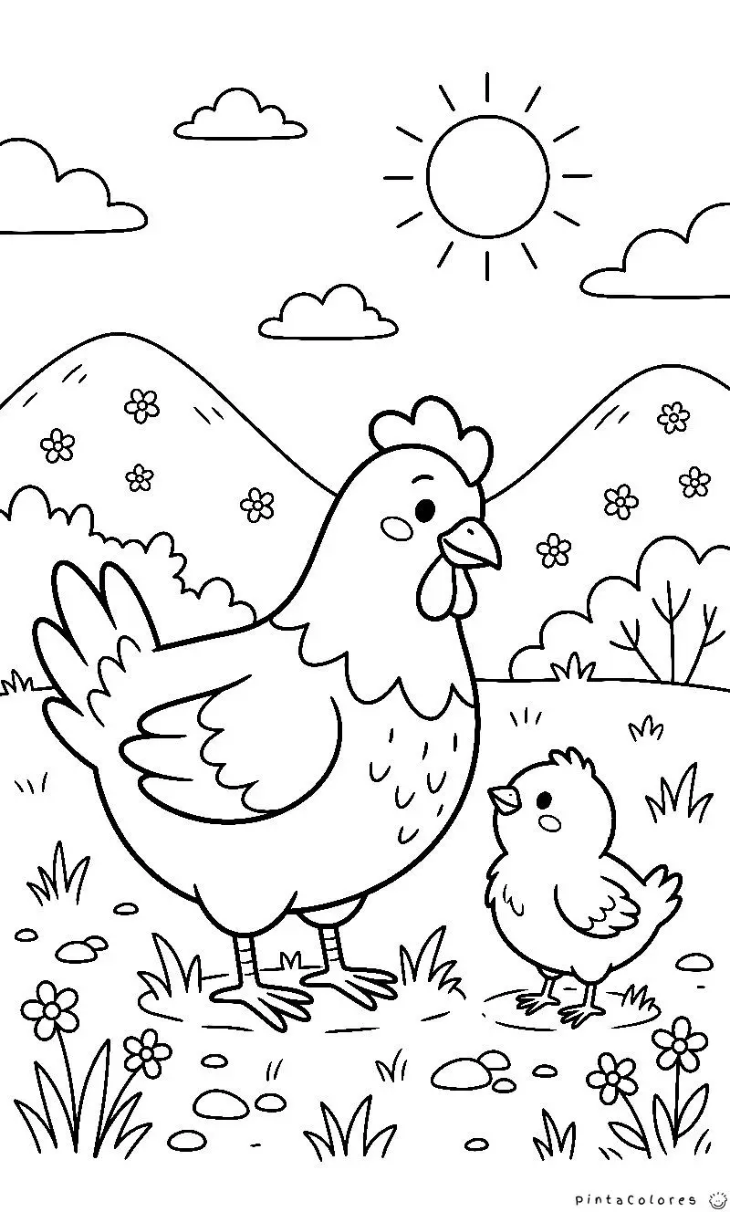 Ilustración de una gallina acompañada de un pollito en una escena de granja para colorear.