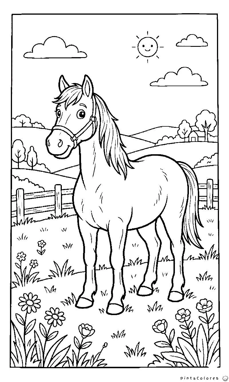 Ilustración de un caballo en un campo abierto con fondo natural para colorear.