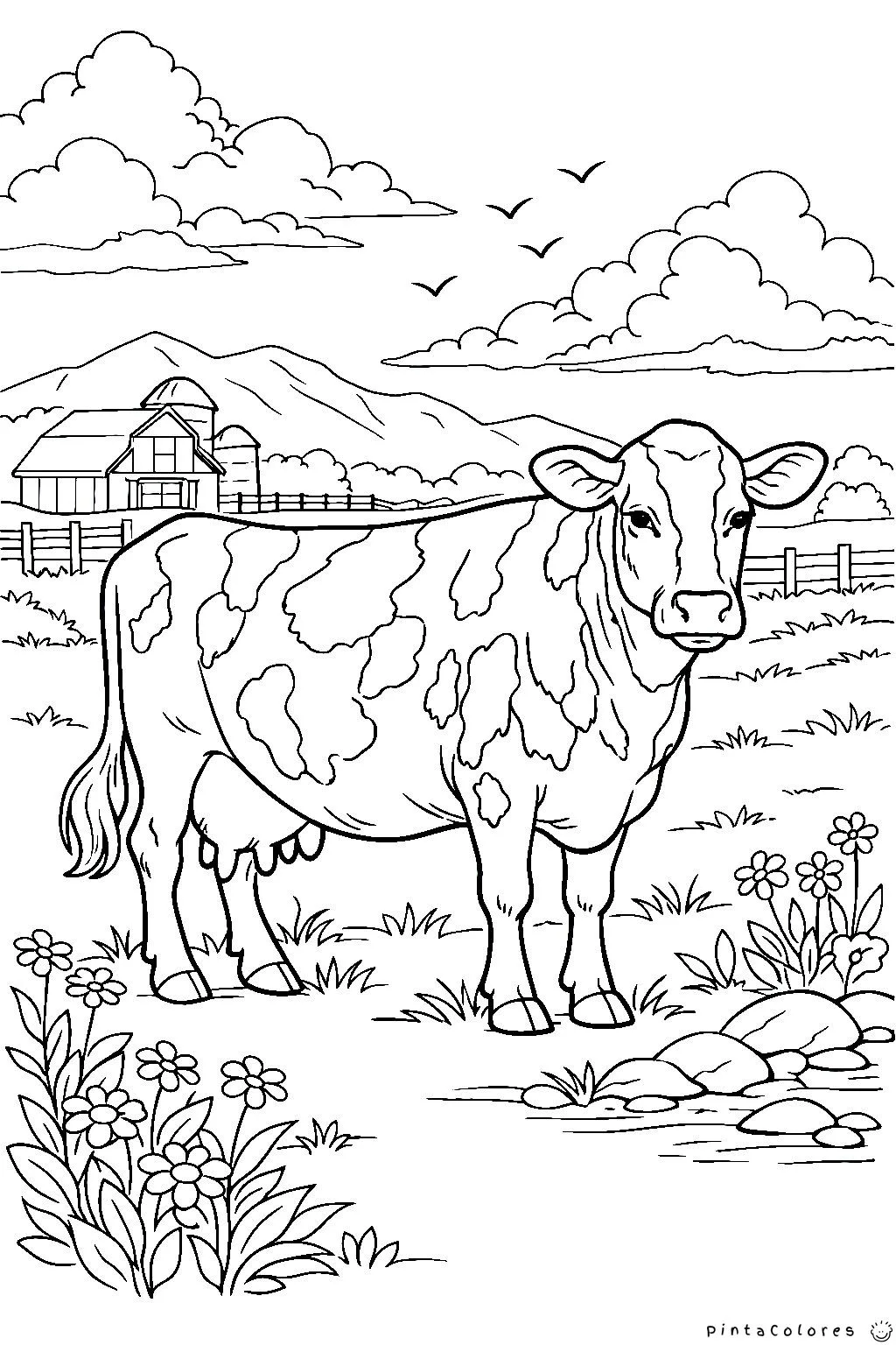 Dibujo detallado de una vaca con manchas realistas y textura en el cuerpo para colorear.