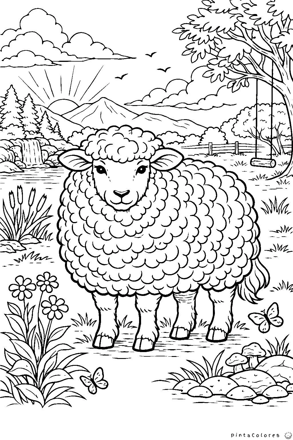 Ilustración de una oveja con lana texturizada y detalles complejos para colorear.