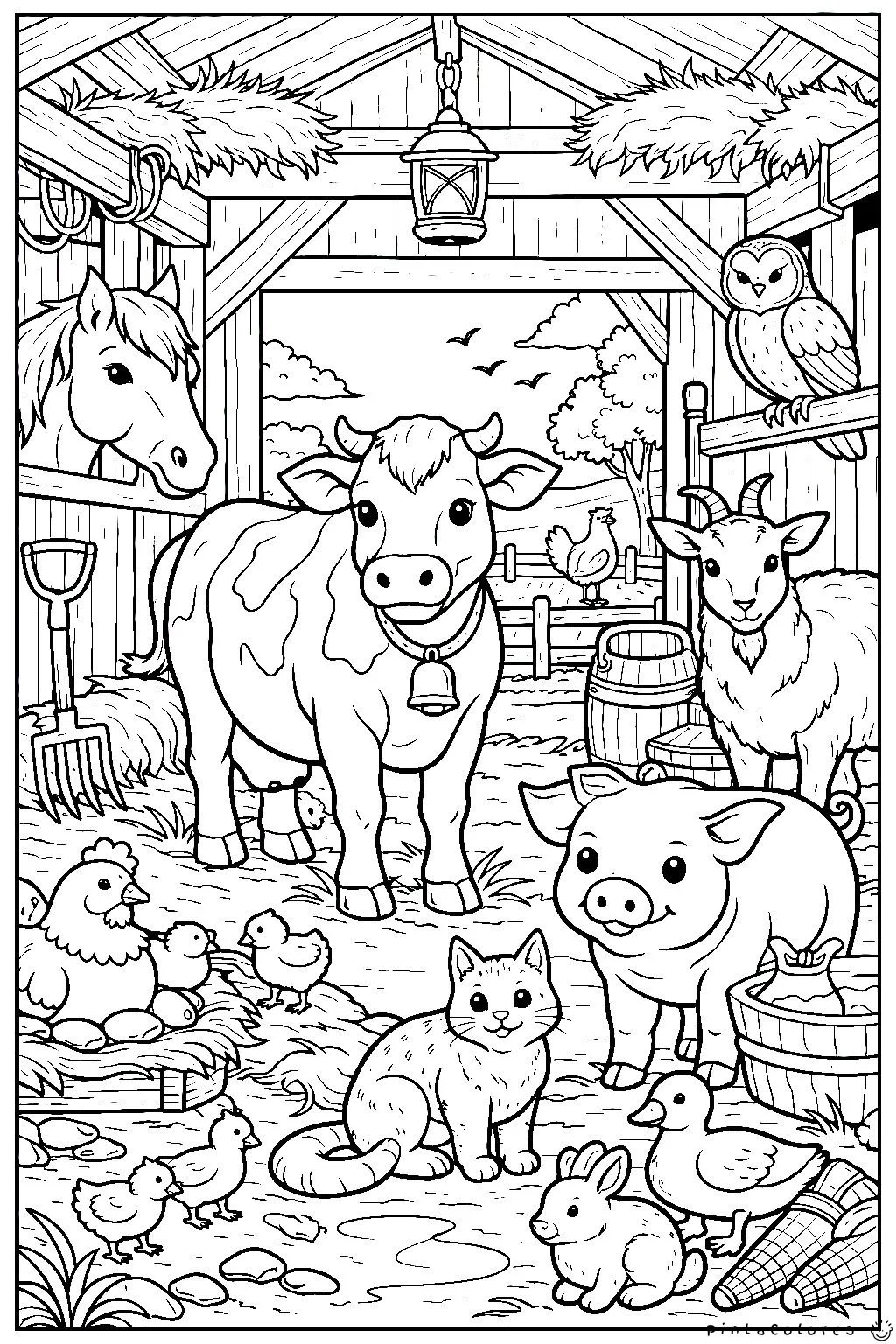 Dibujo de un establo con varios animales de granja en una escena detallada para colorear.