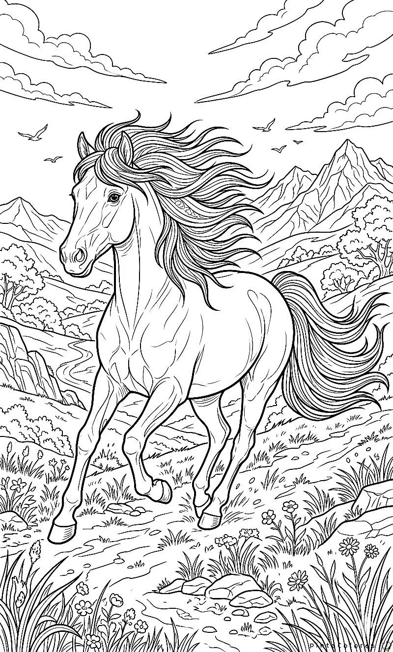 Dibujo de un caballo corriendo a gran velocidad con la crin moviéndose con el viento para colorear.