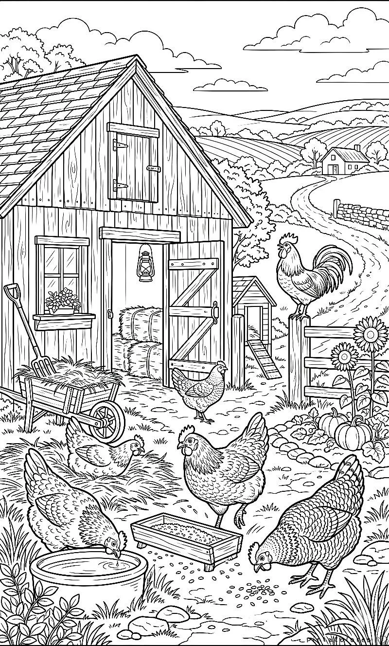 Ilustración de gallinas comiendo frente a un granero en una escena rural para colorear.