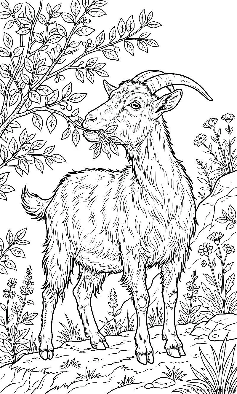 Dibujo de una cabra comiendo hojas de un árbol con estilo realista y detalles para colorear.