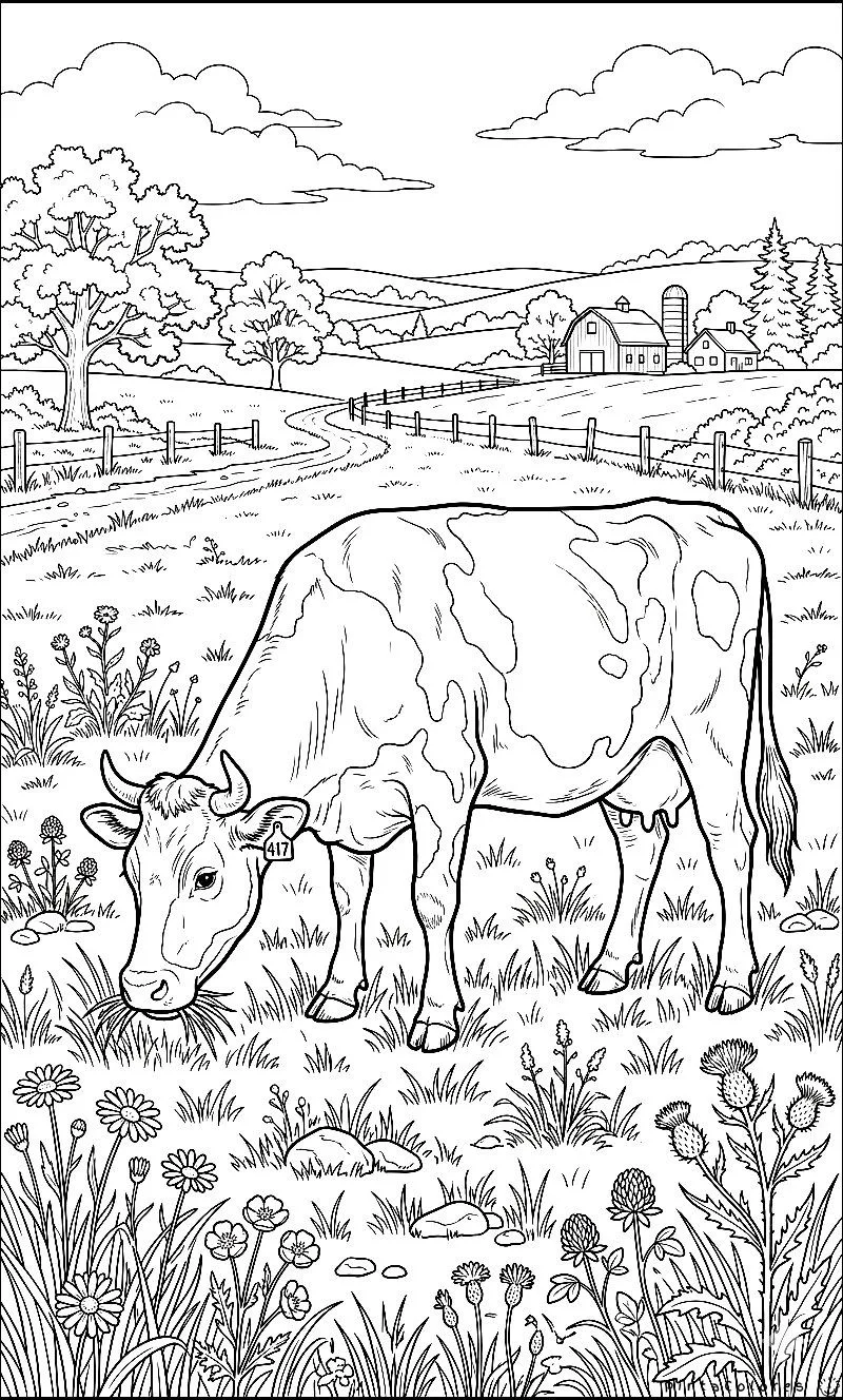 Dibujo de una vaca comiendo pasto rodeada de flores en un campo para colorear.