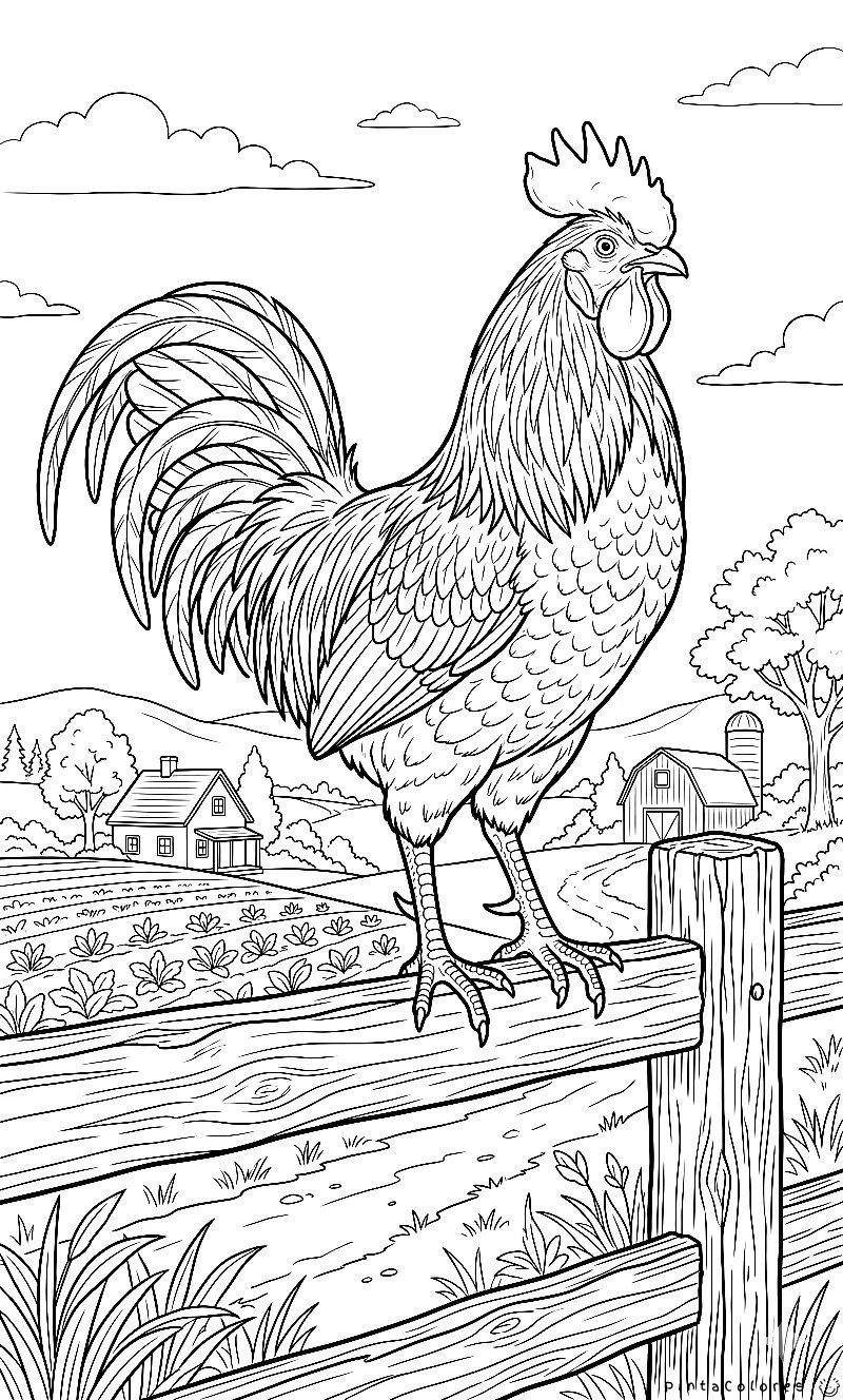 Dibujo de un gallo parado sobre una tranquera con fondo rural para colorear.
