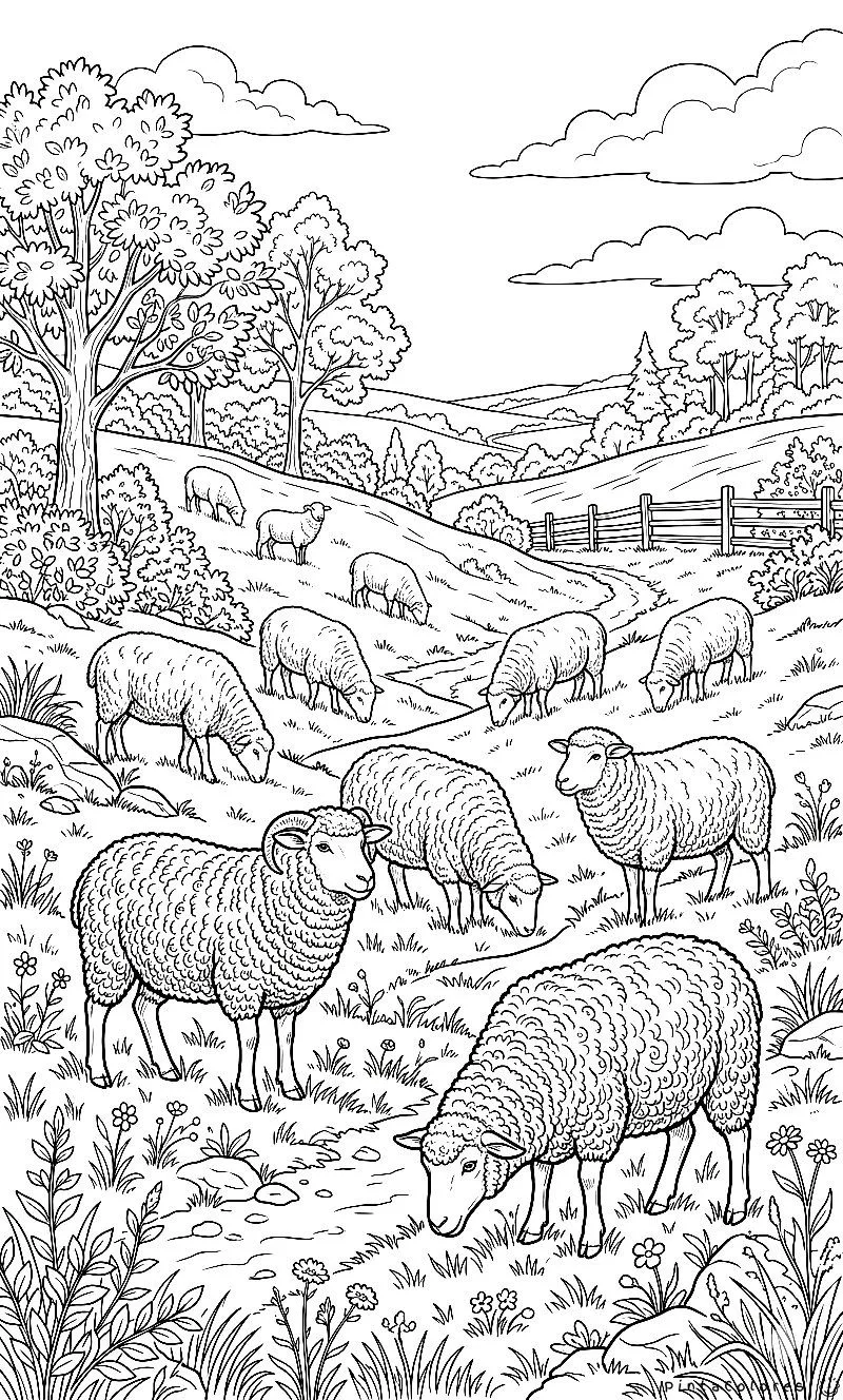 Dibujo de varias ovejas comiendo en un campo con fondo natural y detalles para colorear.