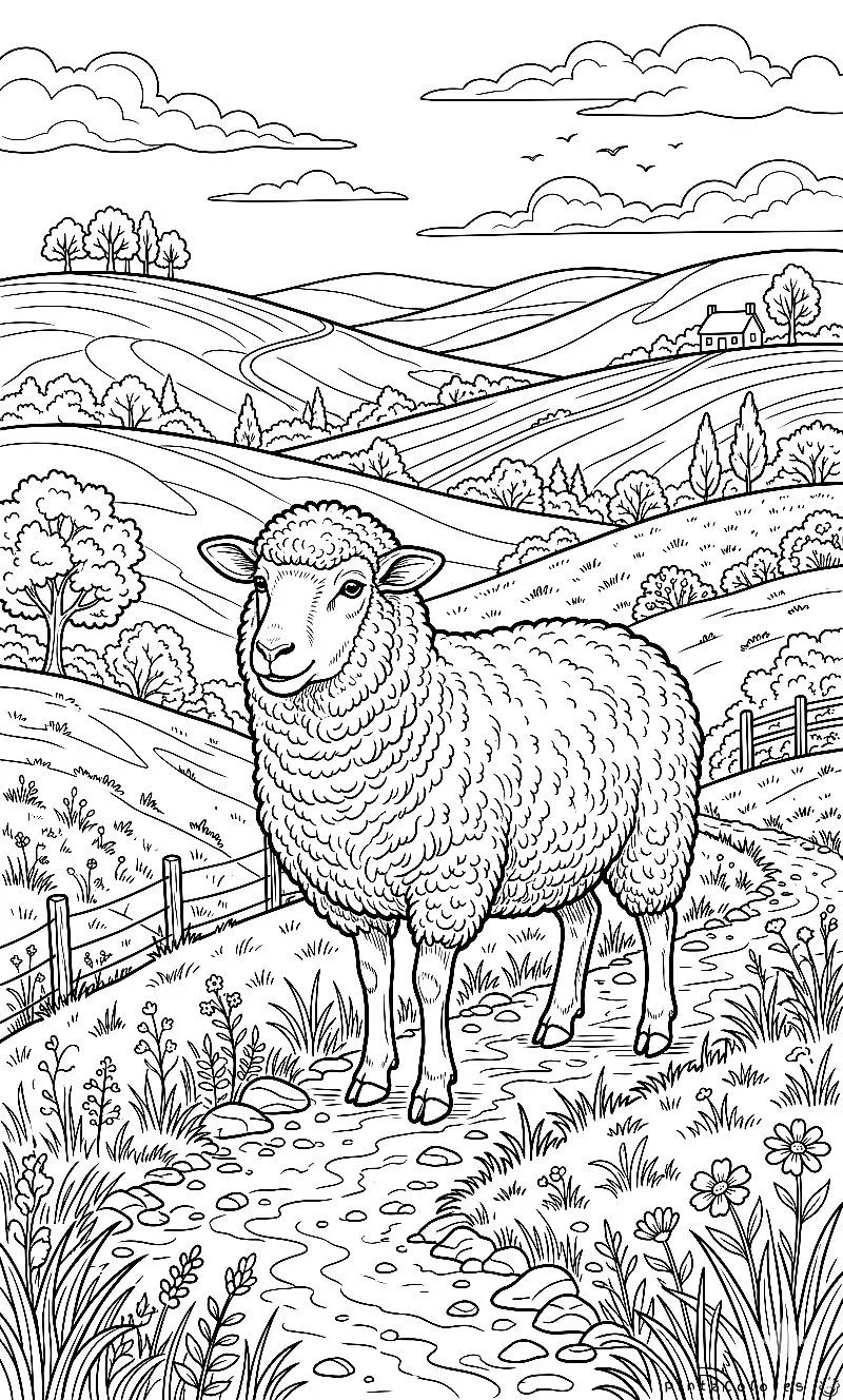 Ilustración de una oveja en un campo con fondo natural y detalles para colorear.